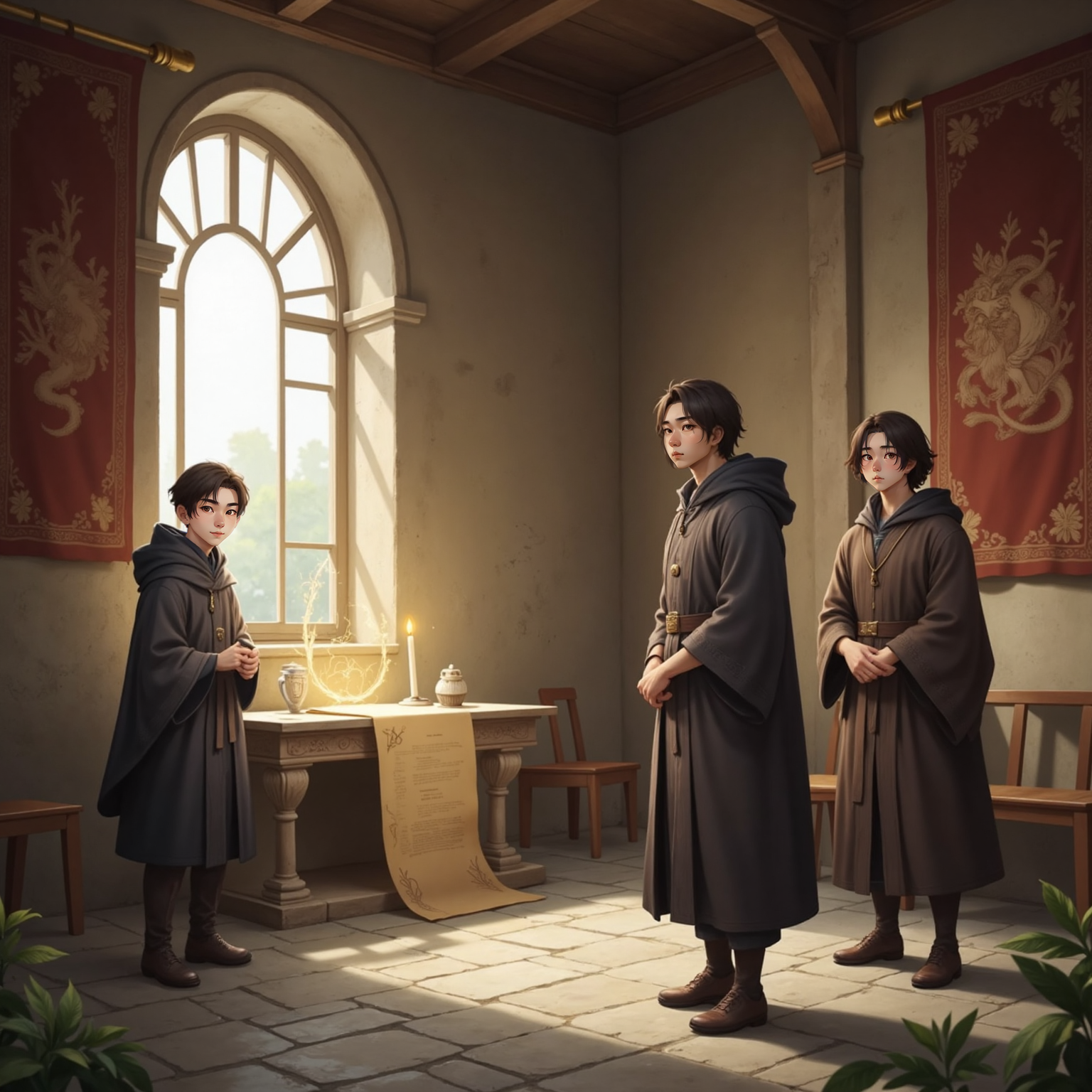 Inside the ancient hall’s quiet center, Kael Yun pauses beside the softly pulsing scroll on a low altar. Lei Xuan speaks earnestly toward Shen Mu, dawn light beginning to seep through high windows behind them.