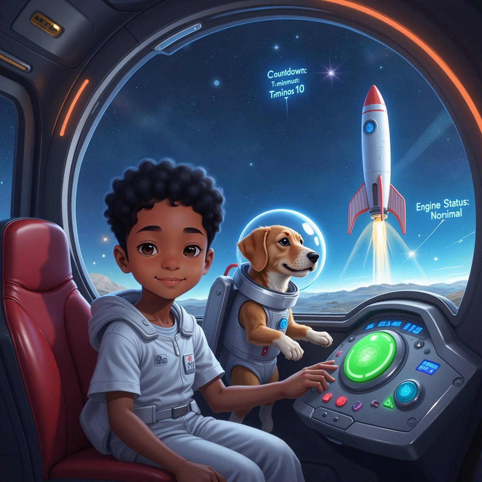 Inside the rocket’s glowing cockpit, Nkosenhle grips a chrome chair while an energetic golden dog in a silver space suit presses a big green launch button; rainbow console lights illuminate their eager smiles against the vast starry window.