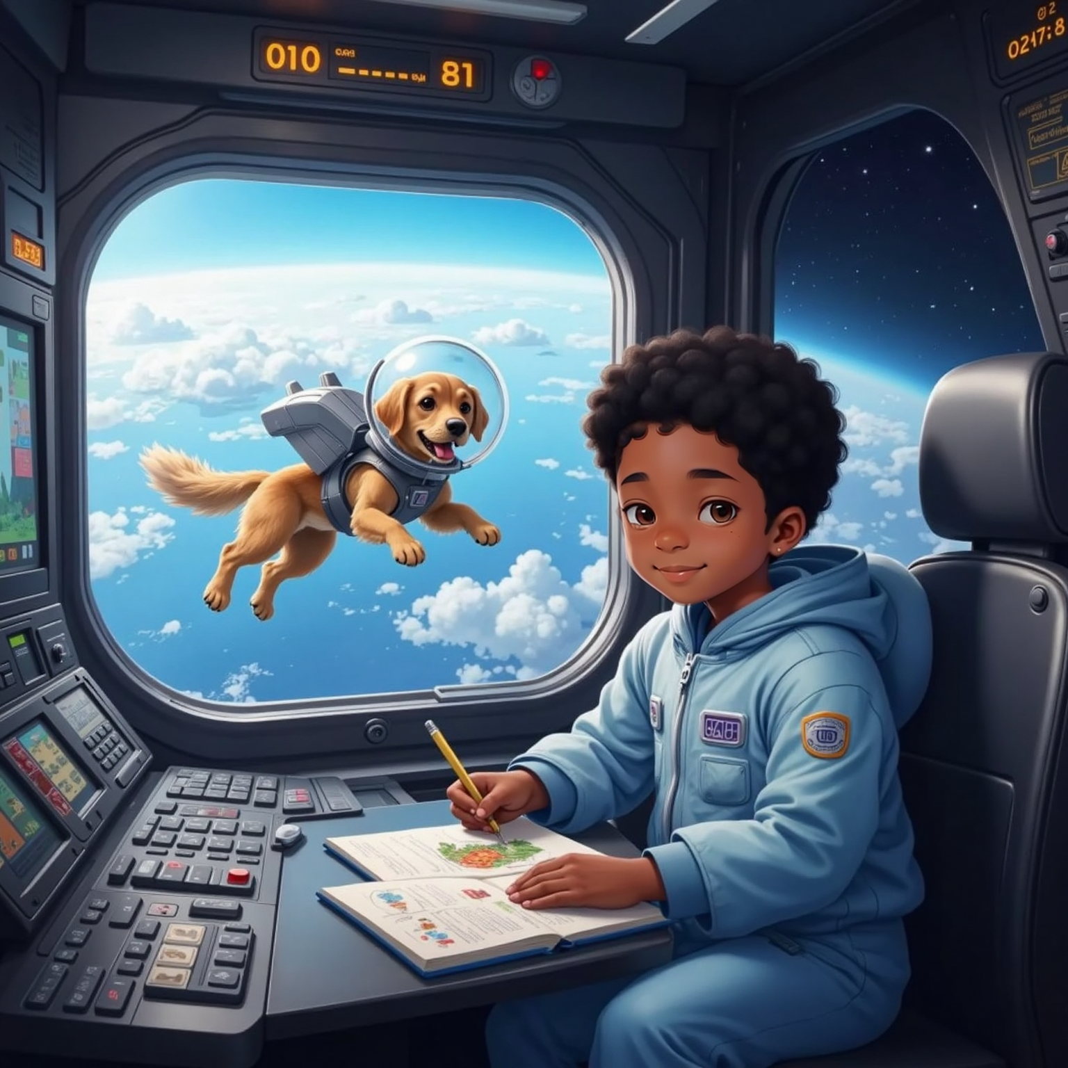 In the dim cockpit glowing with control lights, Earth’s blue curve fills the windshield while Nkosenhle studies his crowded notebook of space drawings; behind him, an energetic golden dog in a silver space suit spins happily in mid-air.