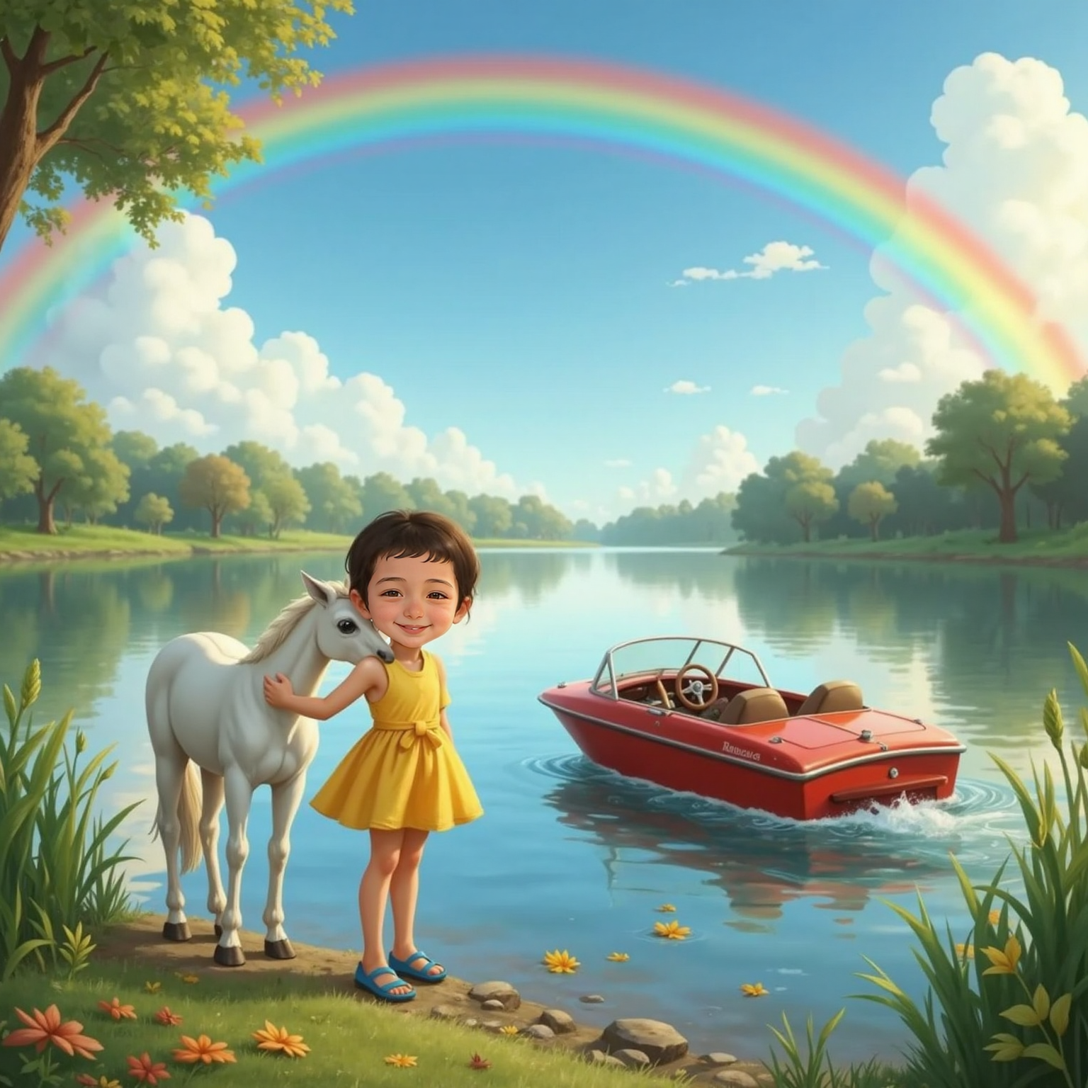 In fresh morning sunlight, a rainbow arcs above the pond as Arlind hugs Kali i bardh’s neck near shore while Skaf tows bright leaves across silver water, scattered clouds mirrored in the calm surface.