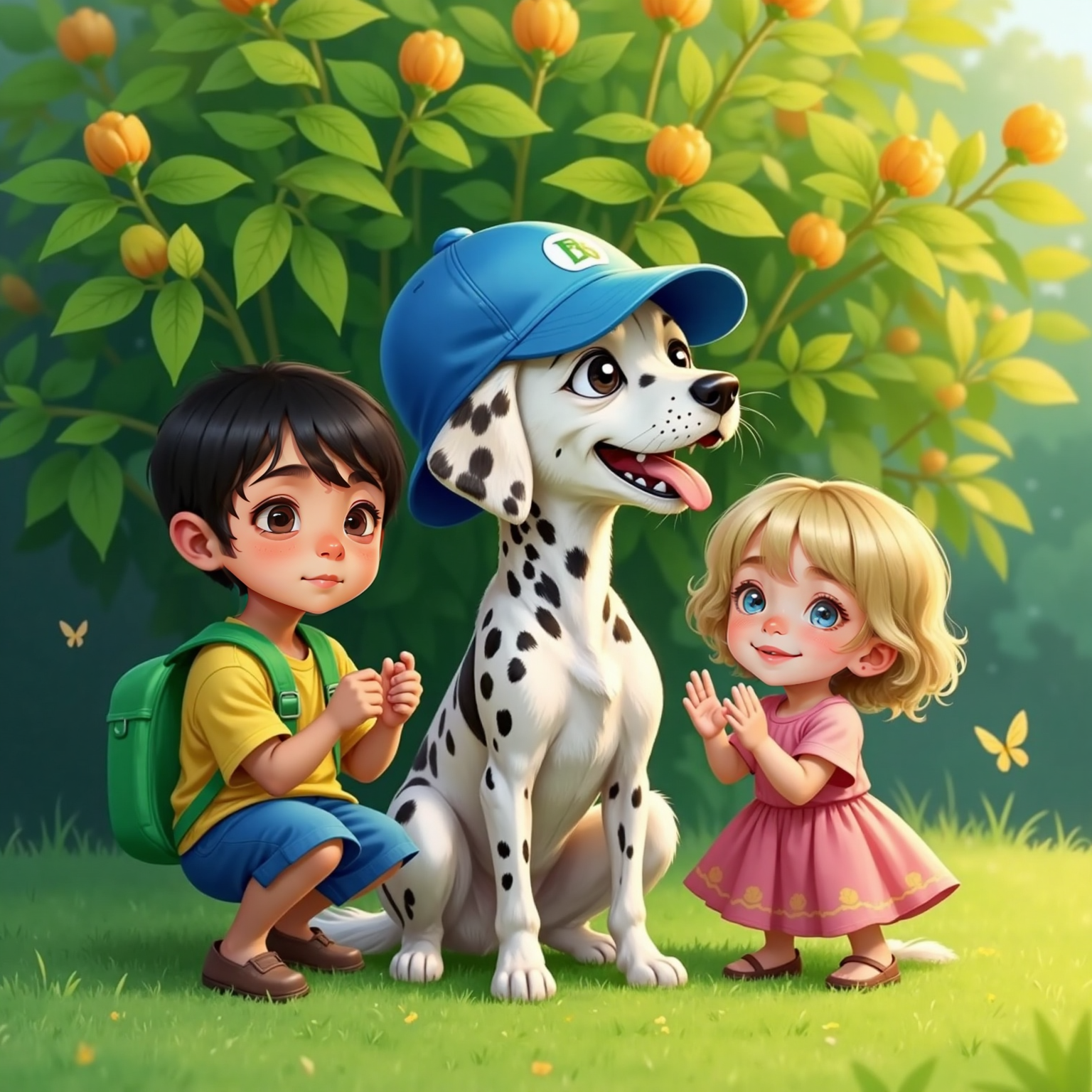 By a leafy bush glowing in late-day sun, Pongo sits wearing Amir’s blue cap askew, tongue lolling; Amir kneels laughing and Ella claps beside him, the rescued cap now a playful crown.