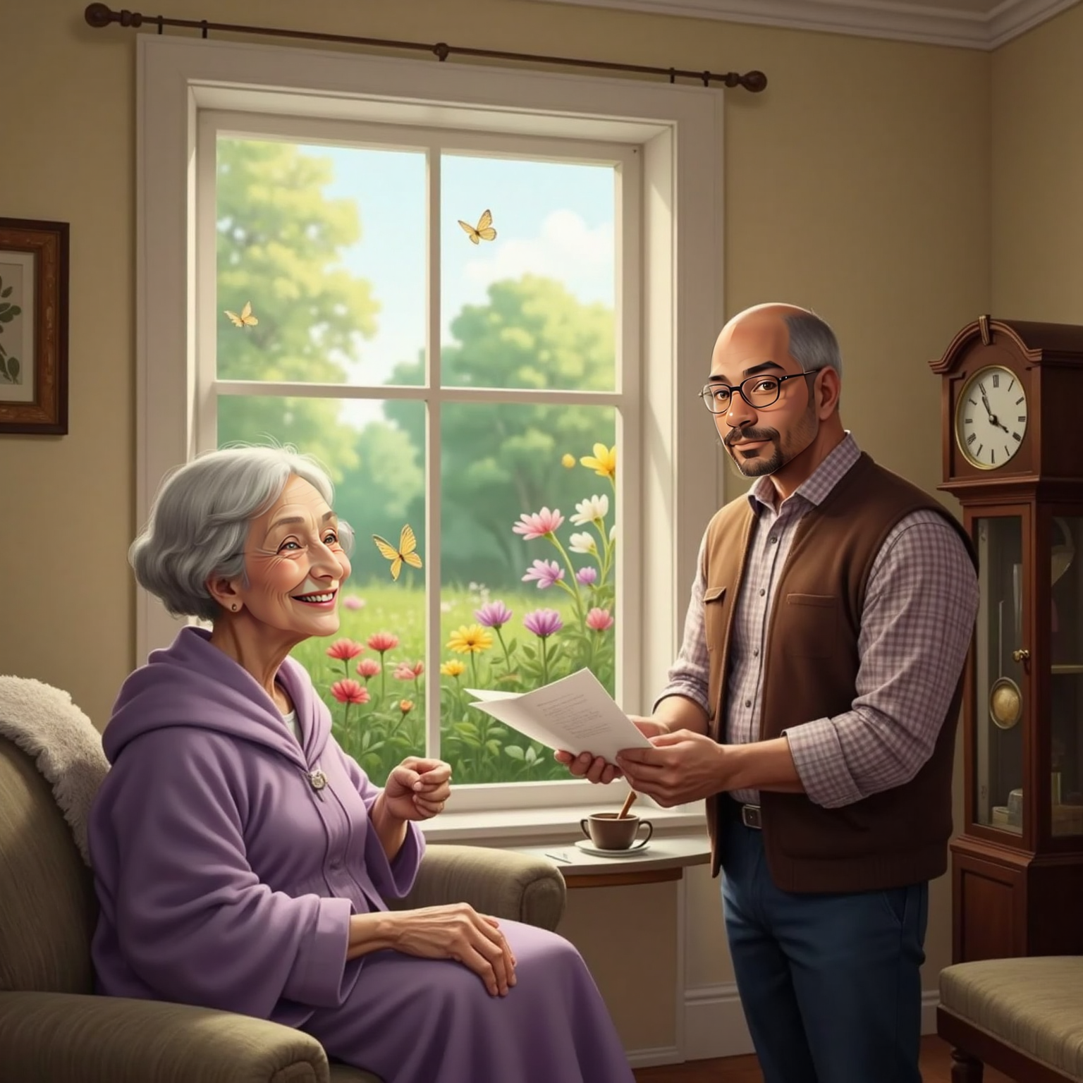 Dad checks his list while Grandma hums by the window.