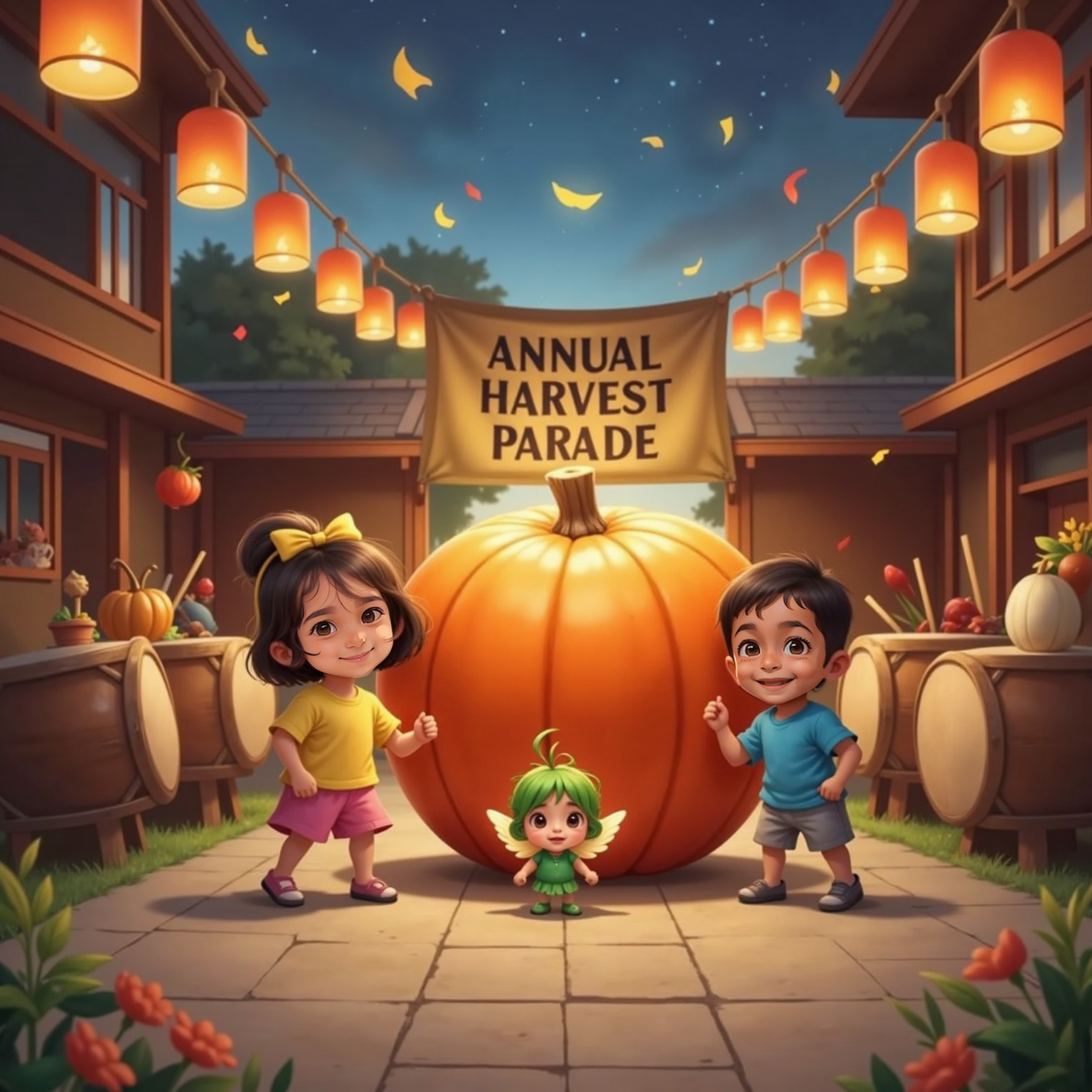 On the lantern-lit school courtyard stage, Sara, Krishaay, and a tiny forest sprite with leaf-green hair and glowing wings march proudly in front, guiding the glowing Giant Pumpkin. Drums boom and confetti flutters around them under evening lights.