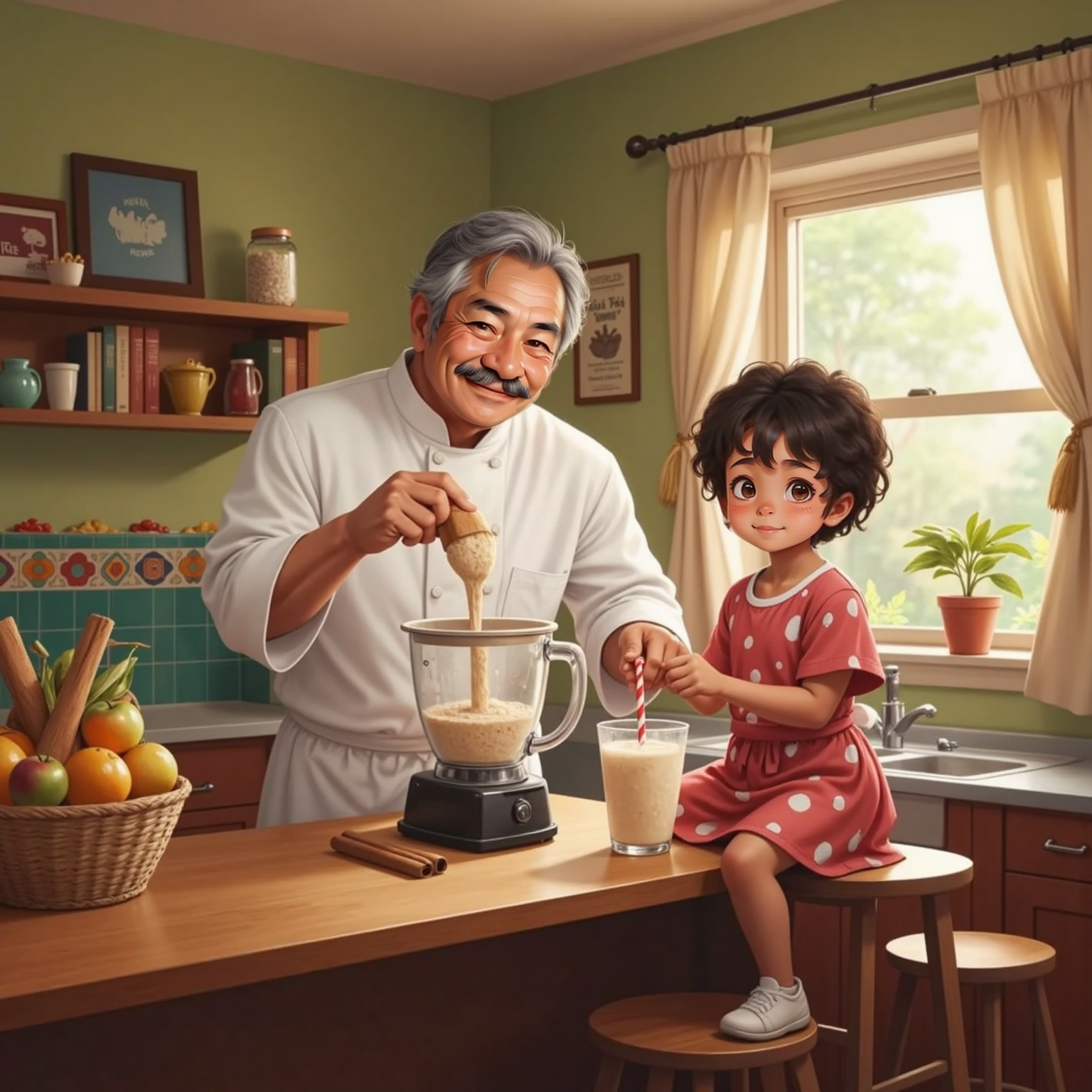 Morning sunlight filters into the kitchen as Chef Ricardo pours soaked rice and cinnamon sticks into a clear blender. Mila perches on a stool, smiling brightly as the milky horchata flows into a frosty glass with a striped straw.