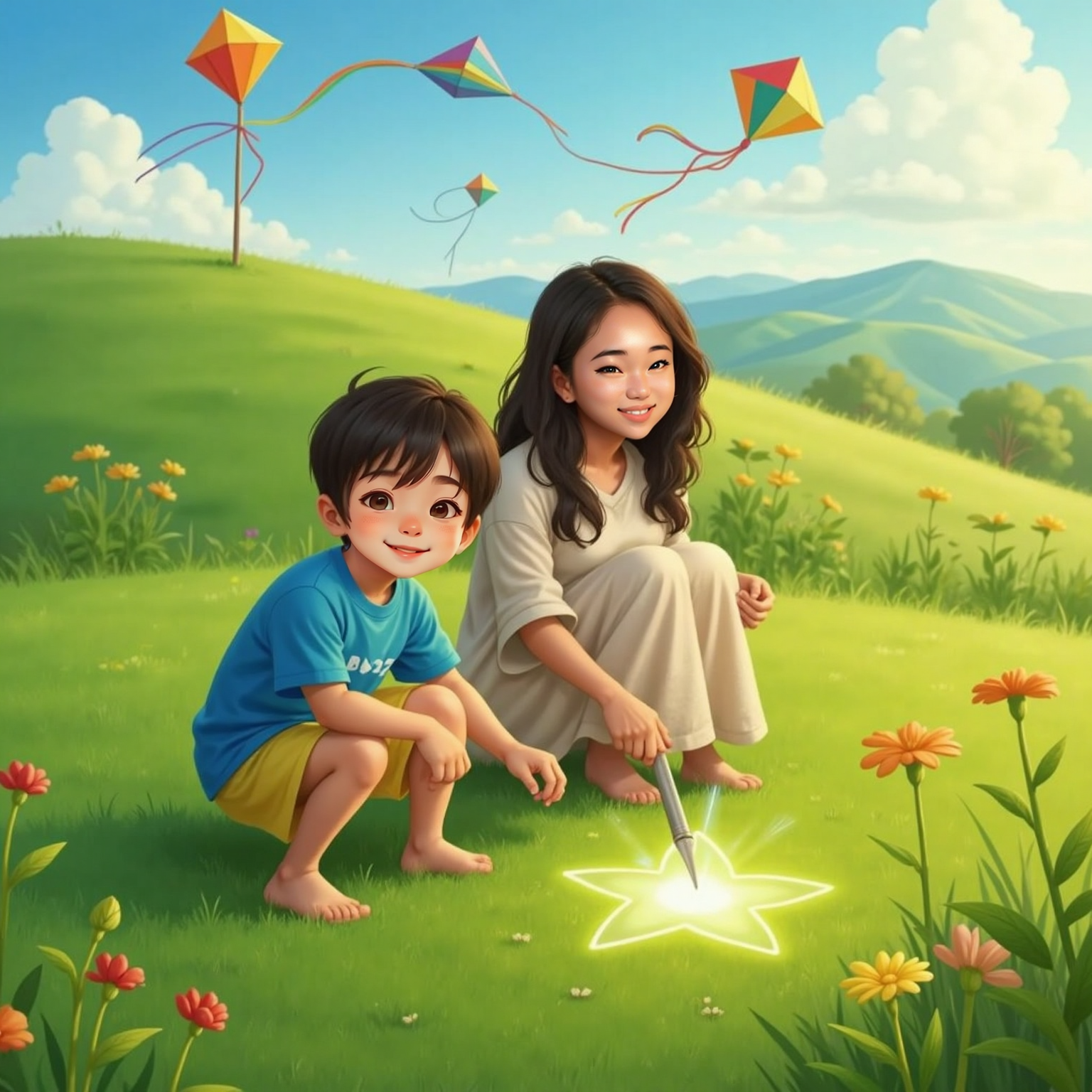 Breezy afternoon in Tita Jacintha’s hilltop meadow; rainbow kites swirl overhead against a bright sky. Kneeling on the grass, Jonas sketches glowing star shapes with the silver Pen of Dreams as Tita Jacintha watches proudly.