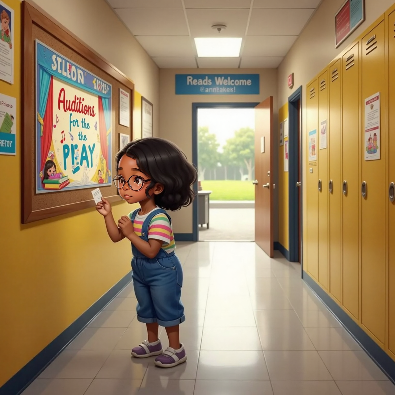 Inside the brightly lit school corridor, Jordy stands before a bulletin board reading a colorful flyer that shouts “Auditions for the play!”, her knees slightly bent and lips nervously pressed together.