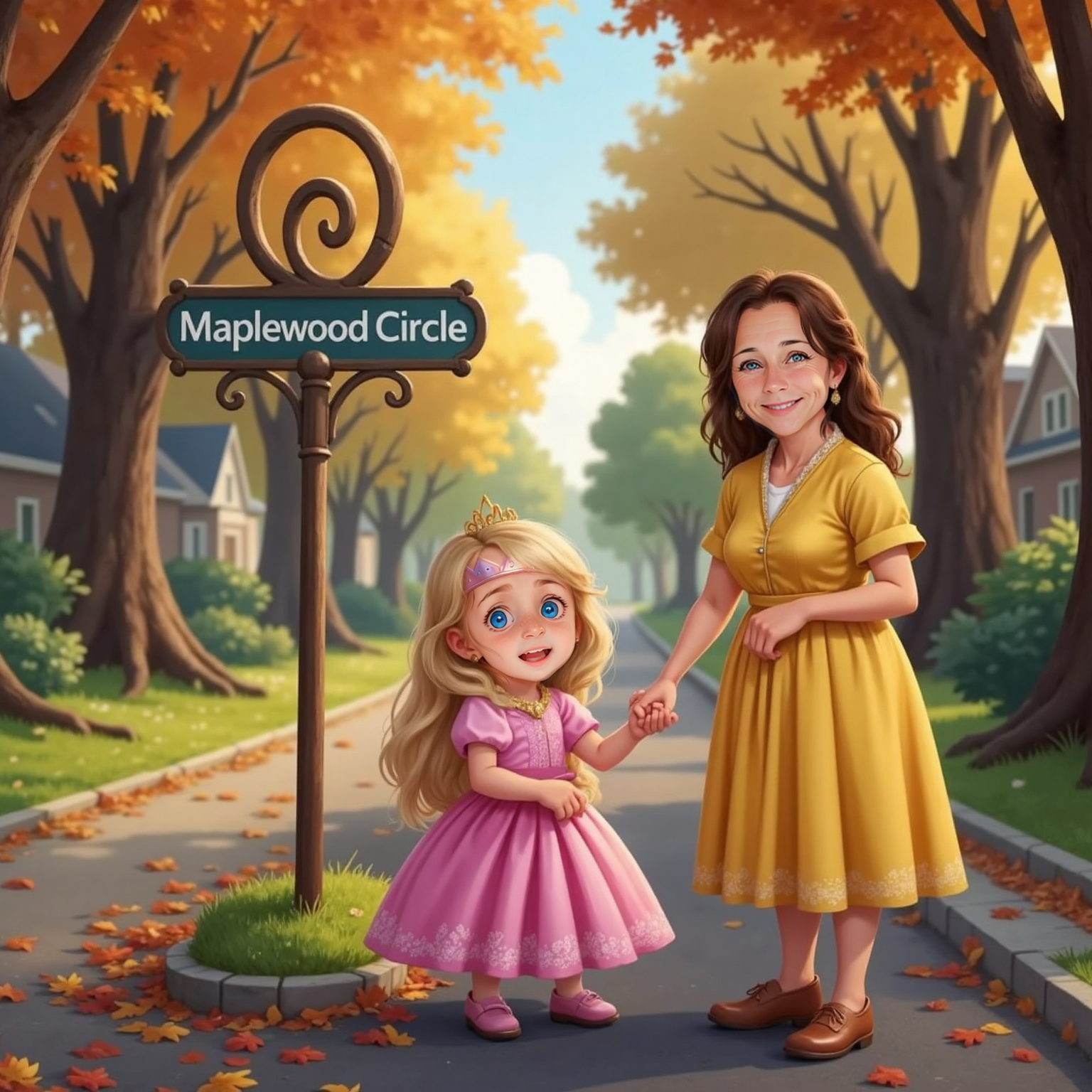 On a tree-lined suburban street beneath diffused afternoon shade, Lucy grips Gramma's hand and gazes at a curl-shaped street sign, eyebrows anxious; Gramma points ahead, her expression encouraging, fallen leaves scattered around their boots.