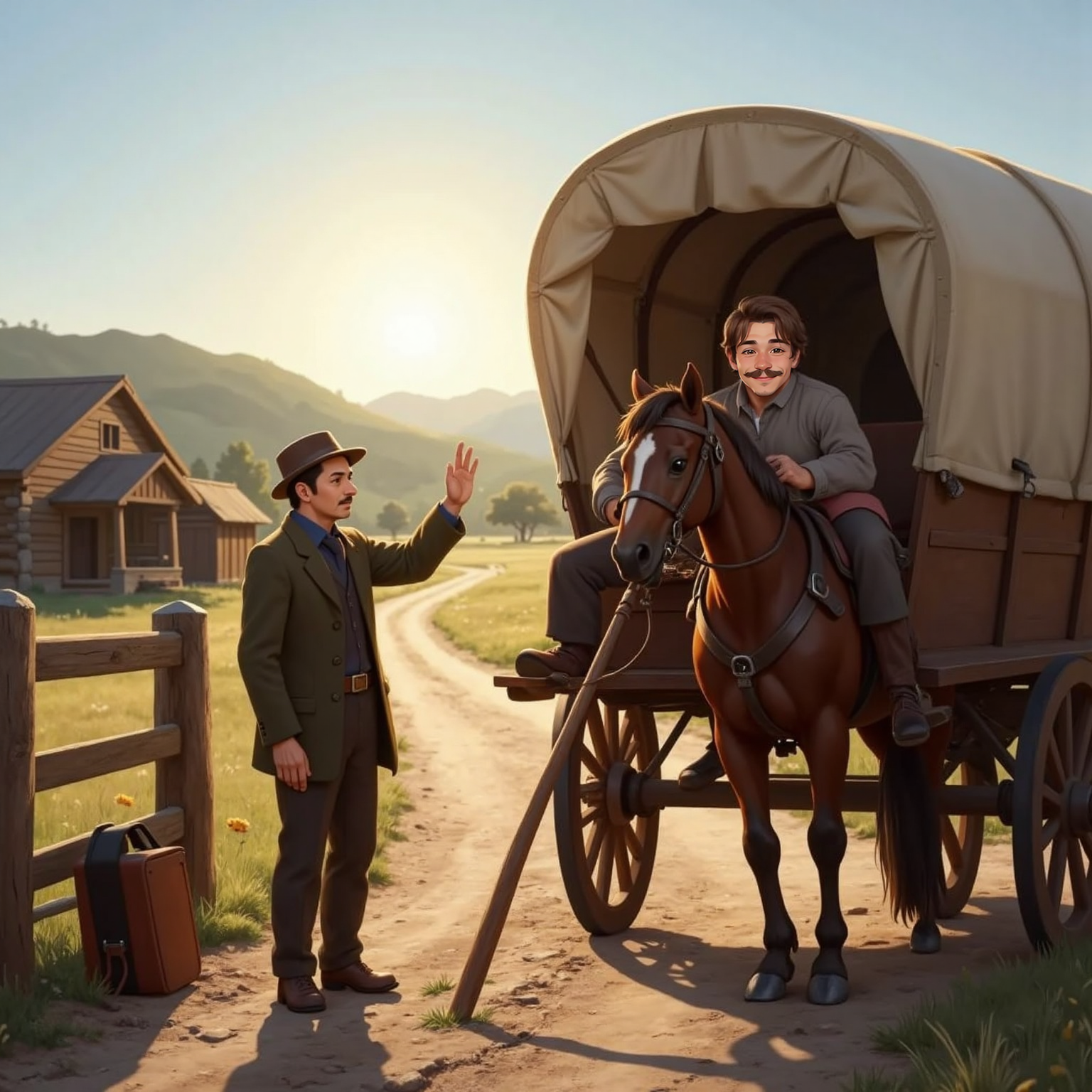 Still beside the gate, Augustinus steps forward, hand raised pleadingly, while Hans Hansen sits on the wagon seat gripping the reins. Early morning sunlight slants across packed road, highlighting their earnest faces and the horse waiting.