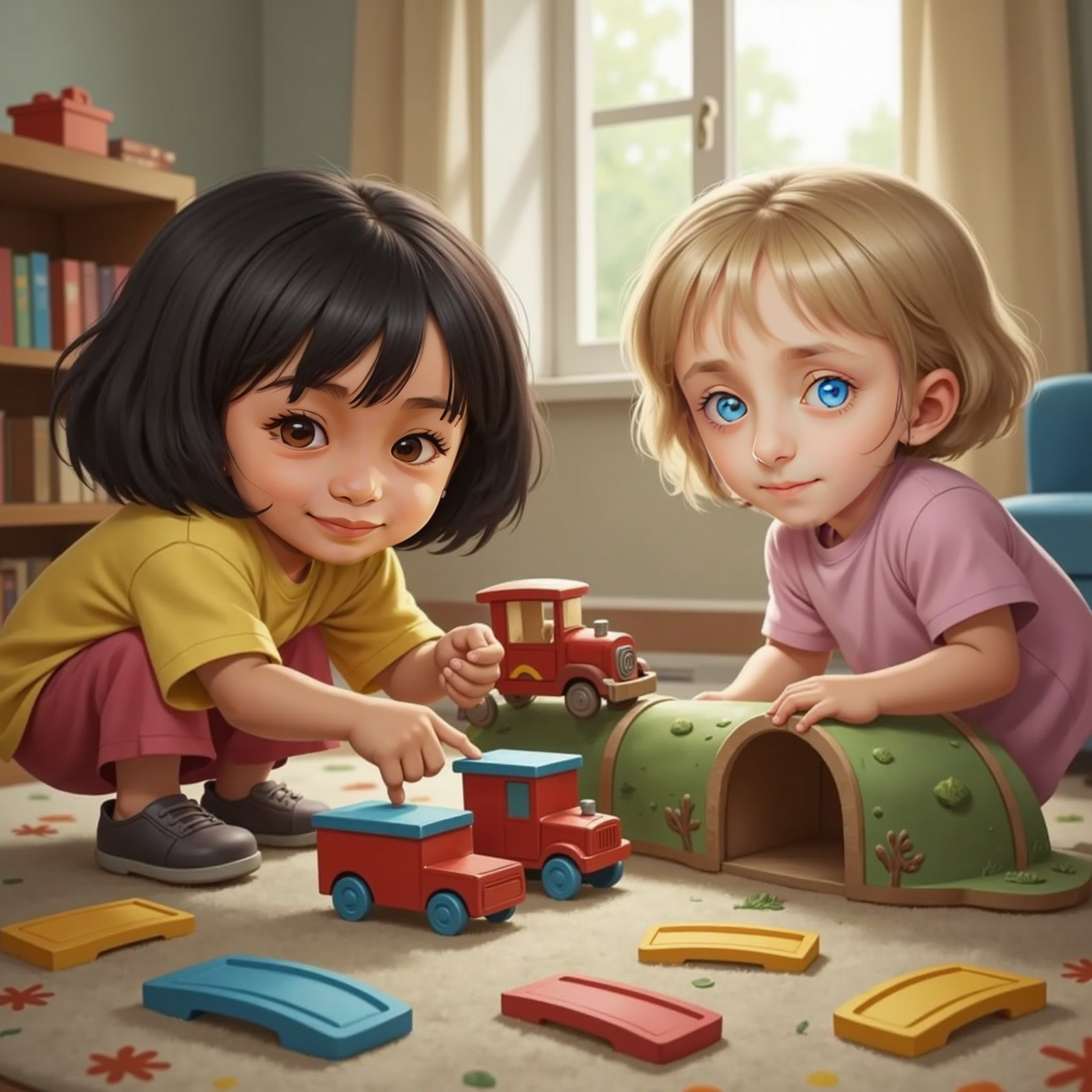 Inside the paper-mâché tunnel, the toy train lies toppled; scattered rails surround it on the cozy rug. Under the steady ceiling light, Hannah holds one track while Sophie carefully lifts and realigns the little engine.