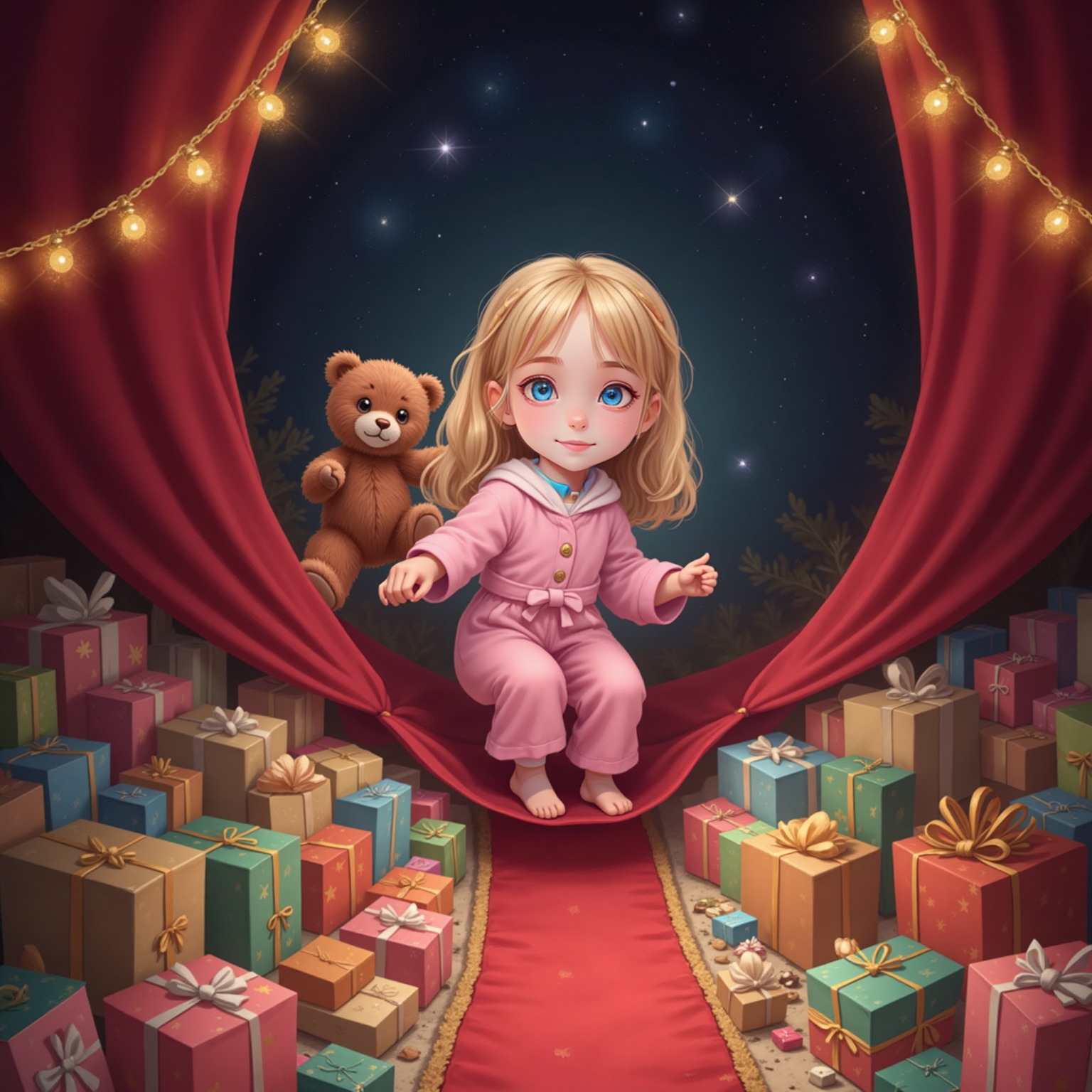 High above the presents, Анна and a brownish-maroon teddy bear ascend a silky ribbon like climbers, garland bulbs casting golden beams across their determined faces against the dark, star-speckled ceiling.