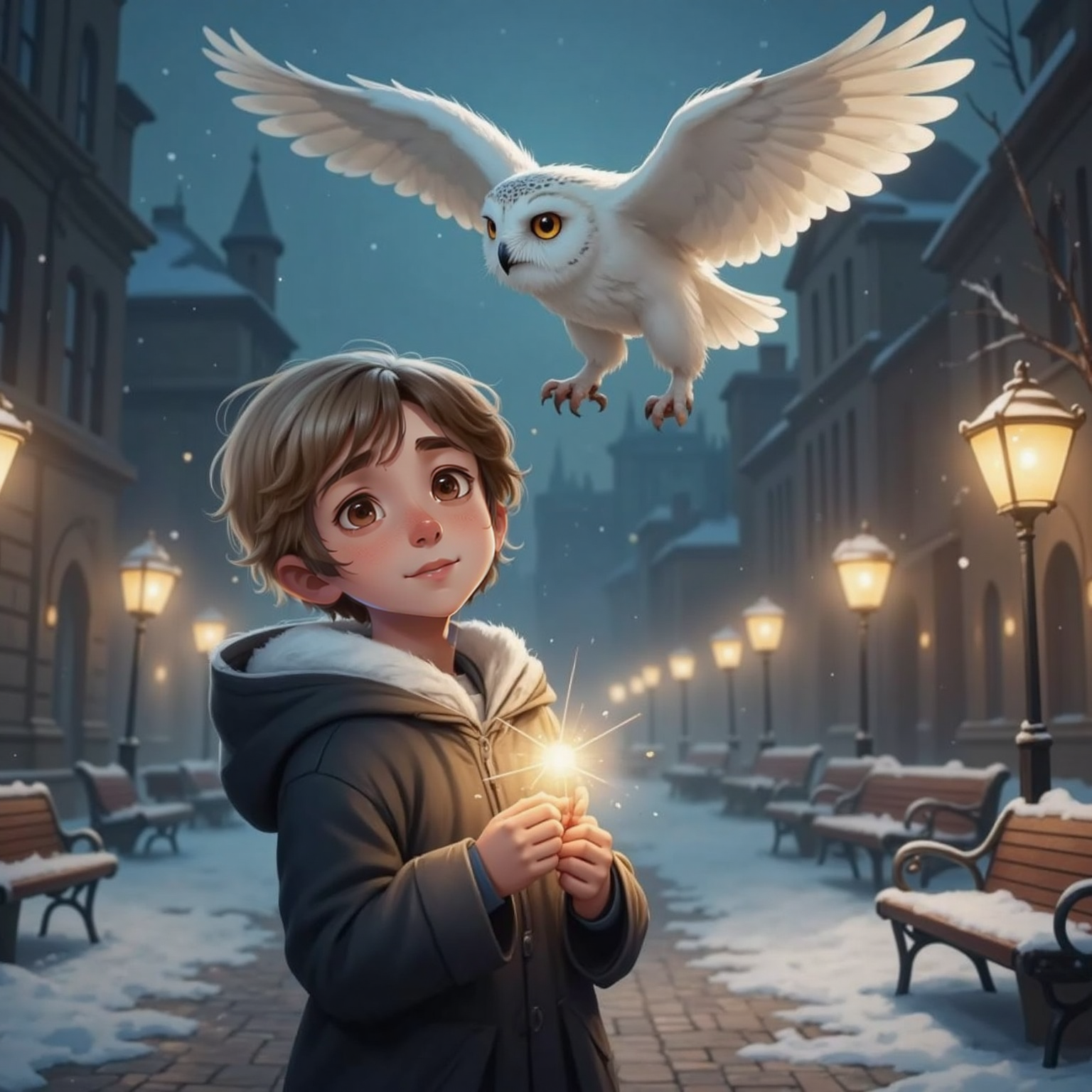 Under dim plaza lights before dawn, Арсений gazes upward while a large white polar owl with amber eyes circles overhead, wings wide against falling snow. The boy holds the faint star to his chest, fear mixing with awe.