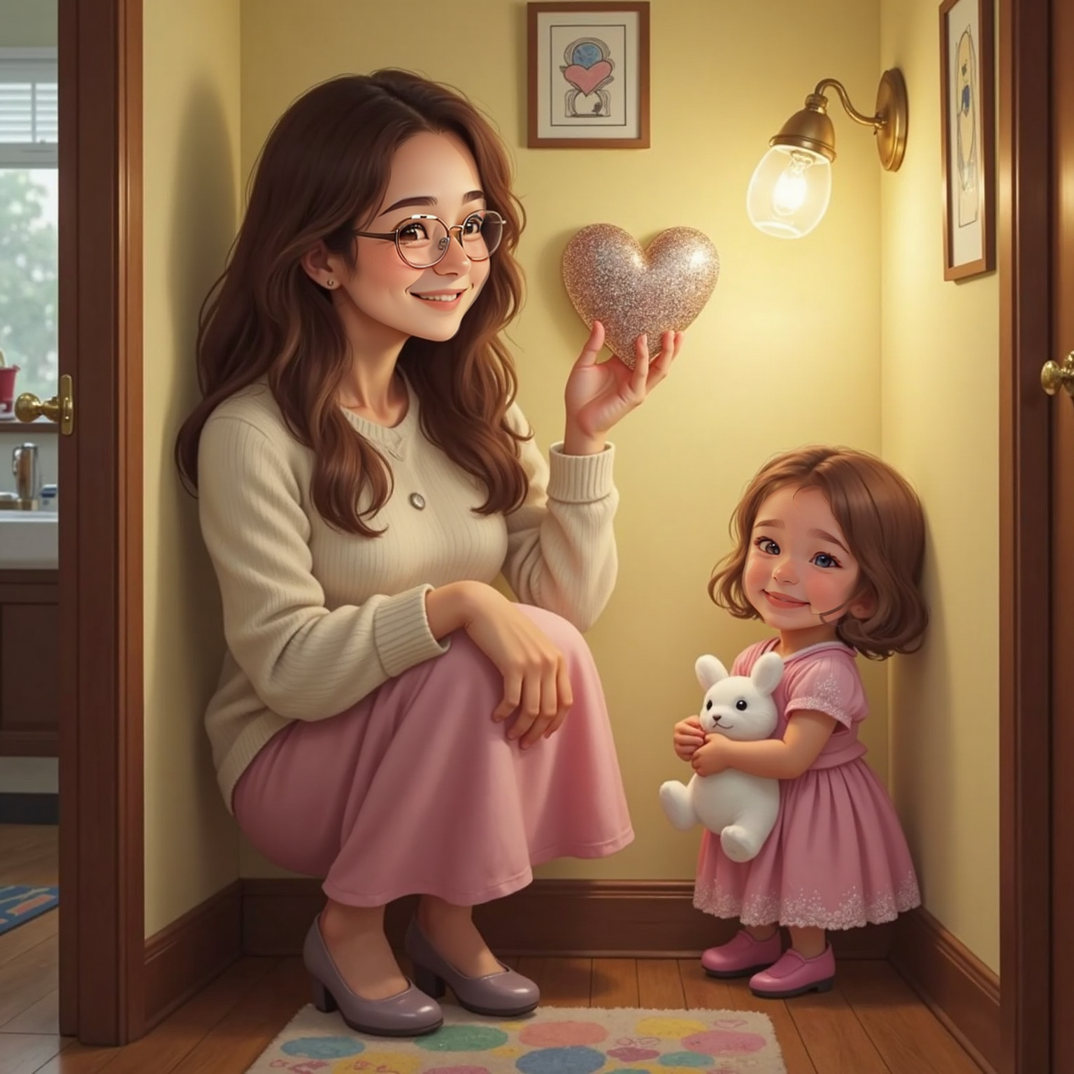 In the softly lit hallway, Mama tapes the glittering shell heart to the wall, while Mary-Salter below looks up, hugging her plush bunny to her chest.