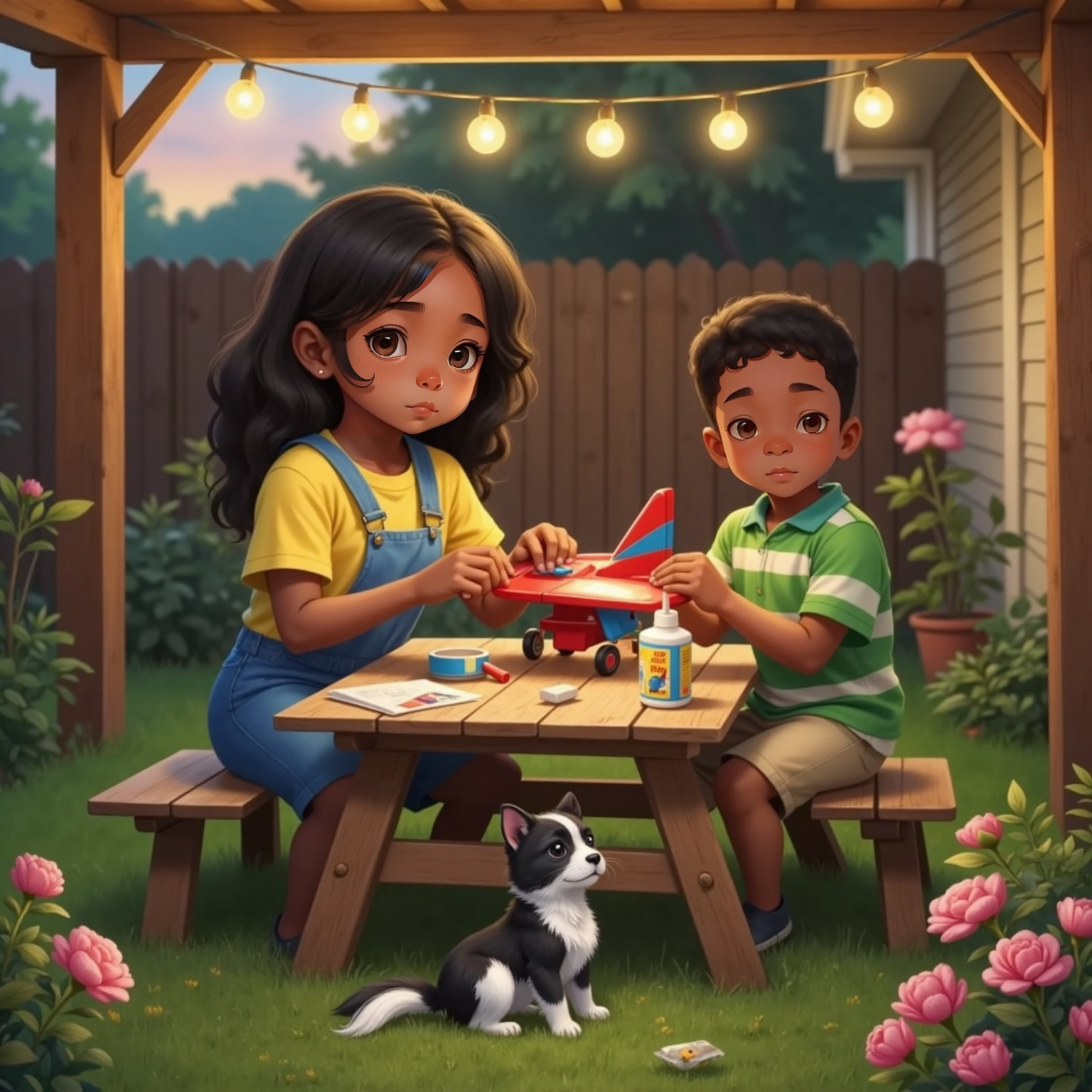 On the backyard picnic table beneath porch string-lights, Kobe steadies the plane while Lola presses glue and clear tape along the repaired wing. Bonnie sits nearby on her hind legs, gripping a tape roll in her mouth.