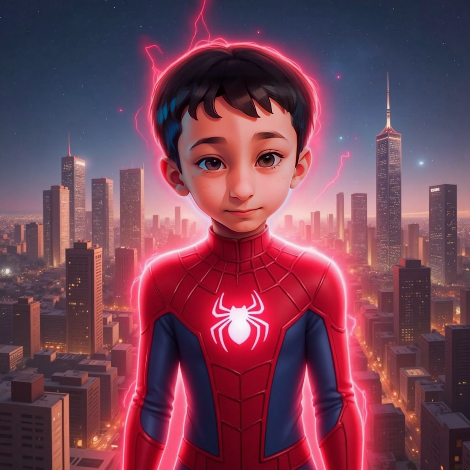 A powerful red glow surrounds Arin as he transforms into Spiderman, his suit shining brightly while city lights reflect off the tall buildings behind him.