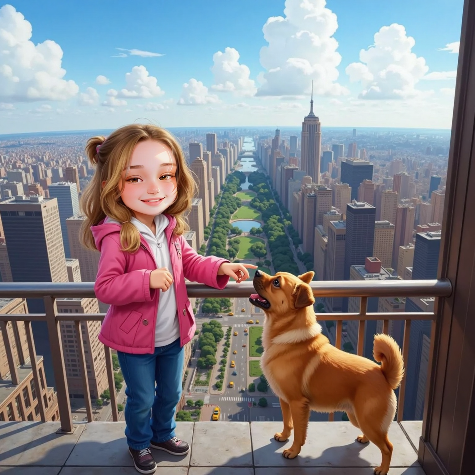 Daylight glows on the open-air Empire State observation deck. Gyovanna grips the metal railing, pointing toward miniature streets below, as Paçoca balances front paws beside her nose to the wind, park patch visible in the vista.