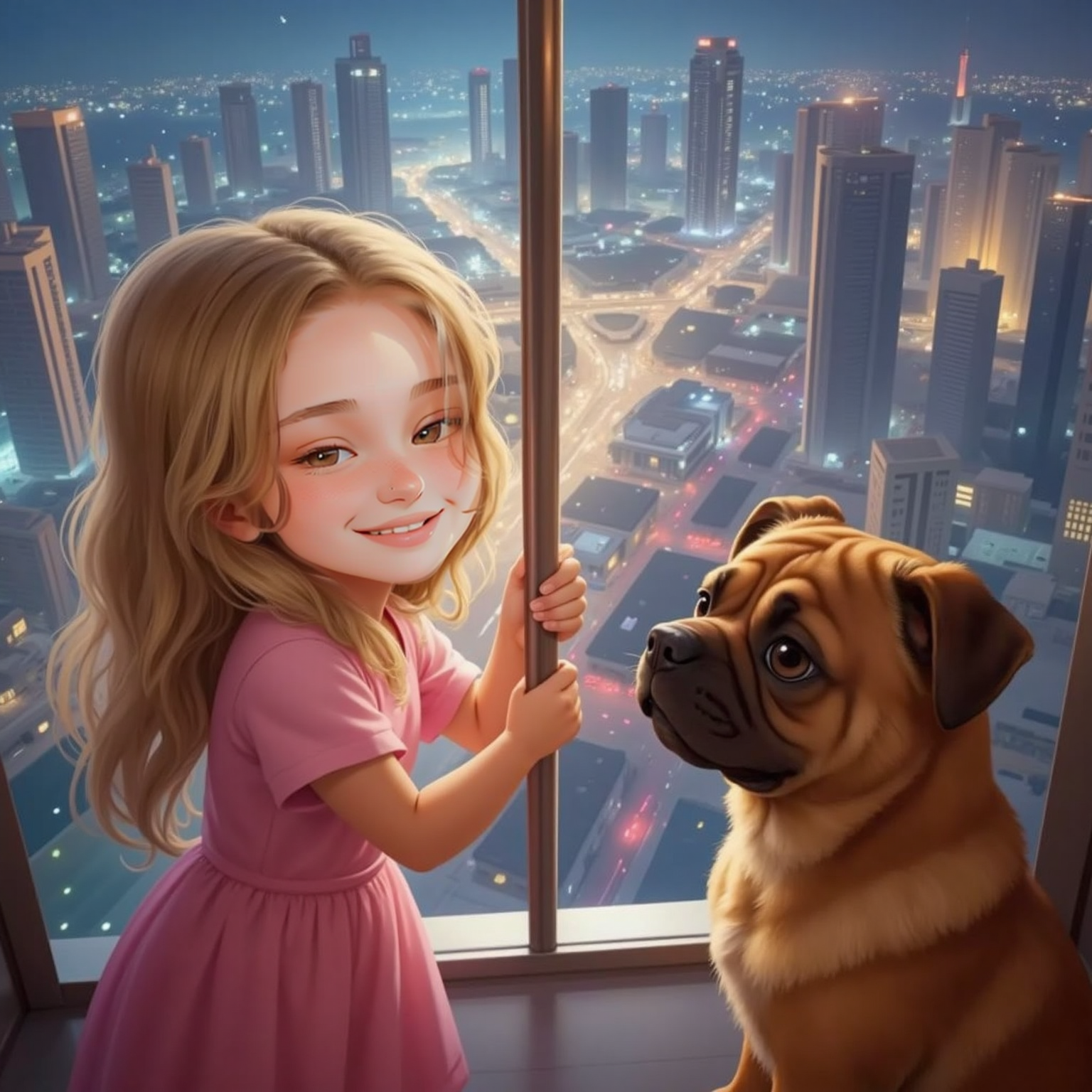 Inside a glass elevator of Burj Khalifa at night, city lights sparkle below. Gyovanna grips the rail grinning as Paçoca presses his wide snout to the window, staring at the glowing carpet of buildings.