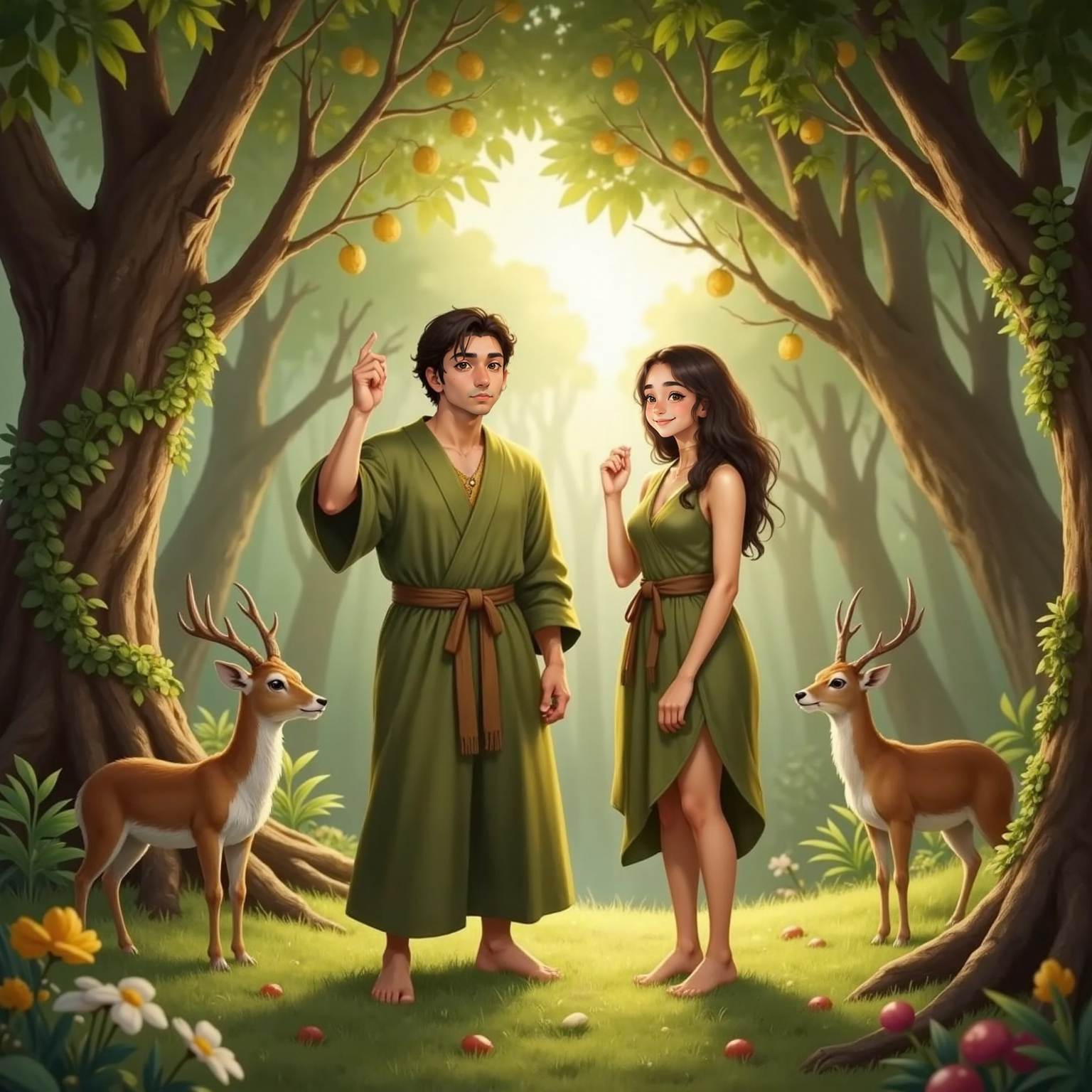 Beside the towering forbidden tree at Eden’s center, God gestures warningly while Adam and Eve stand attentive among vines and curious deer. Late-afternoon light bathes the garden, casting gold across ripening fruit and fluttering leaves.