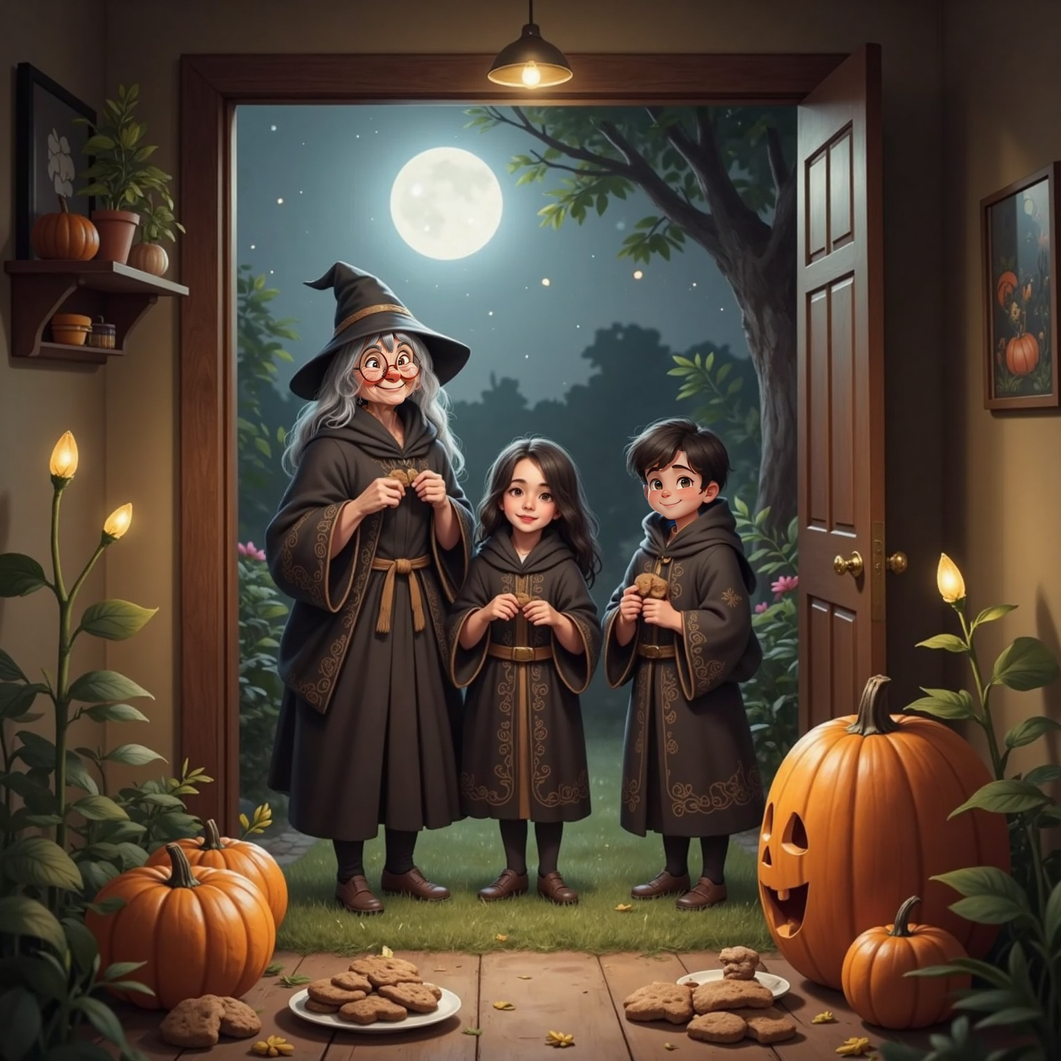 Dimly lit kitchen doorway opening to a moonlit garden. Grandmother, smiling beneath a wool shawl, drapes matching shawls over The Little Girl and brother who stand side-by-side, excited faces glowing in the cool night; pumpkins and dewy grass glisten outside.