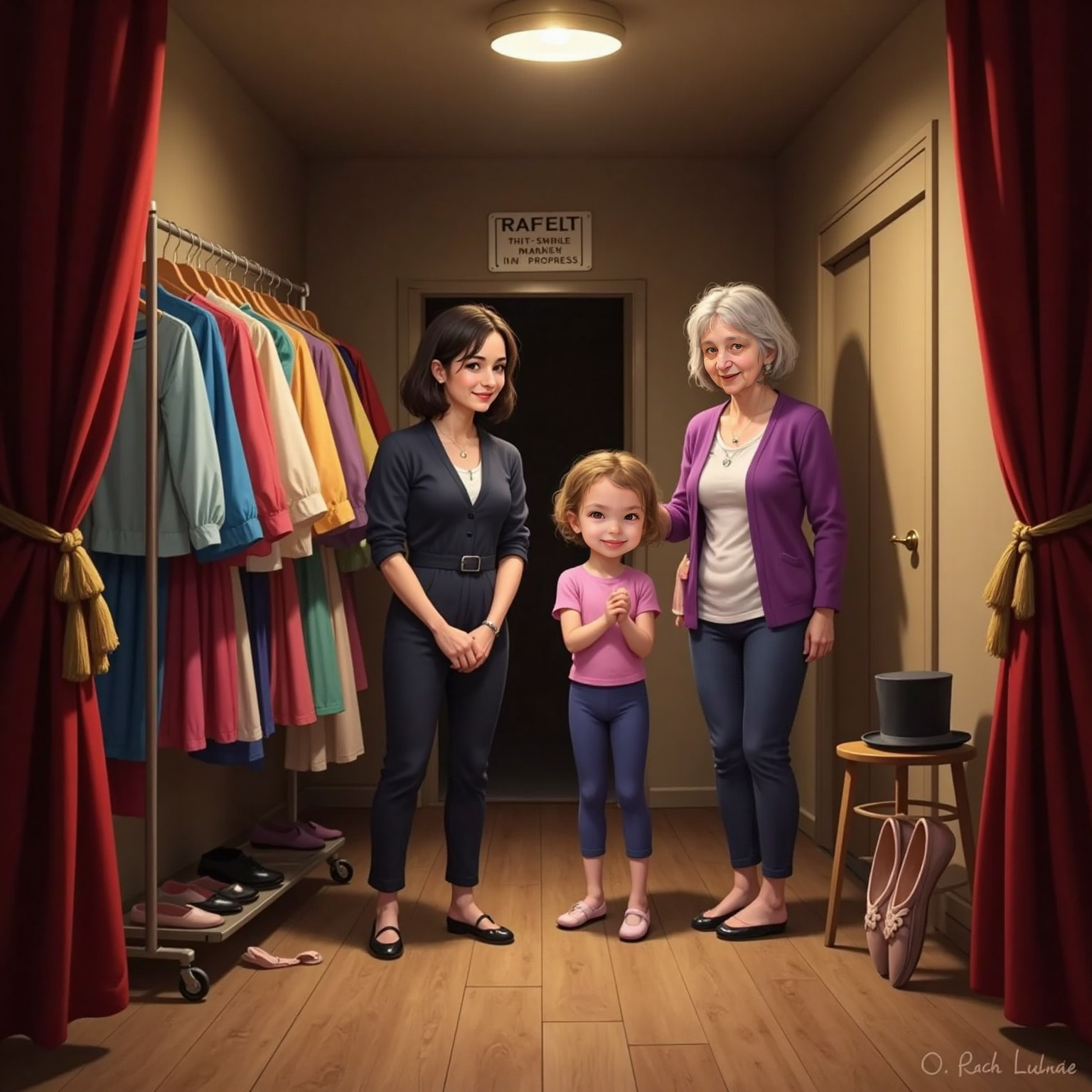 Narrow backstage corridor with curtain shadows and a single work-light; Thea practices butterfly breaths, Nana facing her with synchronized inhale-exhale, while Grandma forms a wide 'smiling star' gesture beside costume racks.