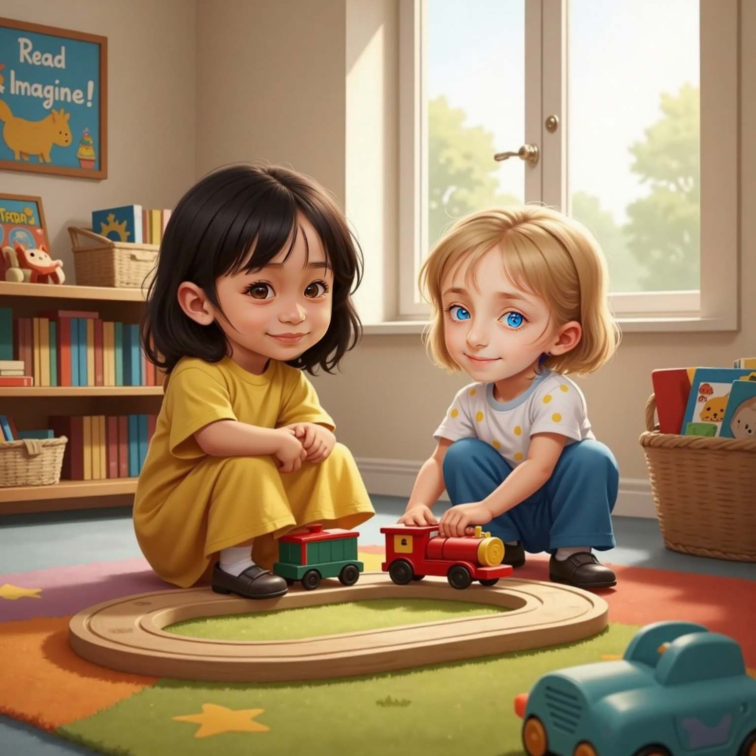 The wooden loop hums clickety-clack as the train completes its flawless final lap in the softly glowing library playroom. Hannah and Sophie sit upright, faces warmed with pride, eyes following the smooth motion.