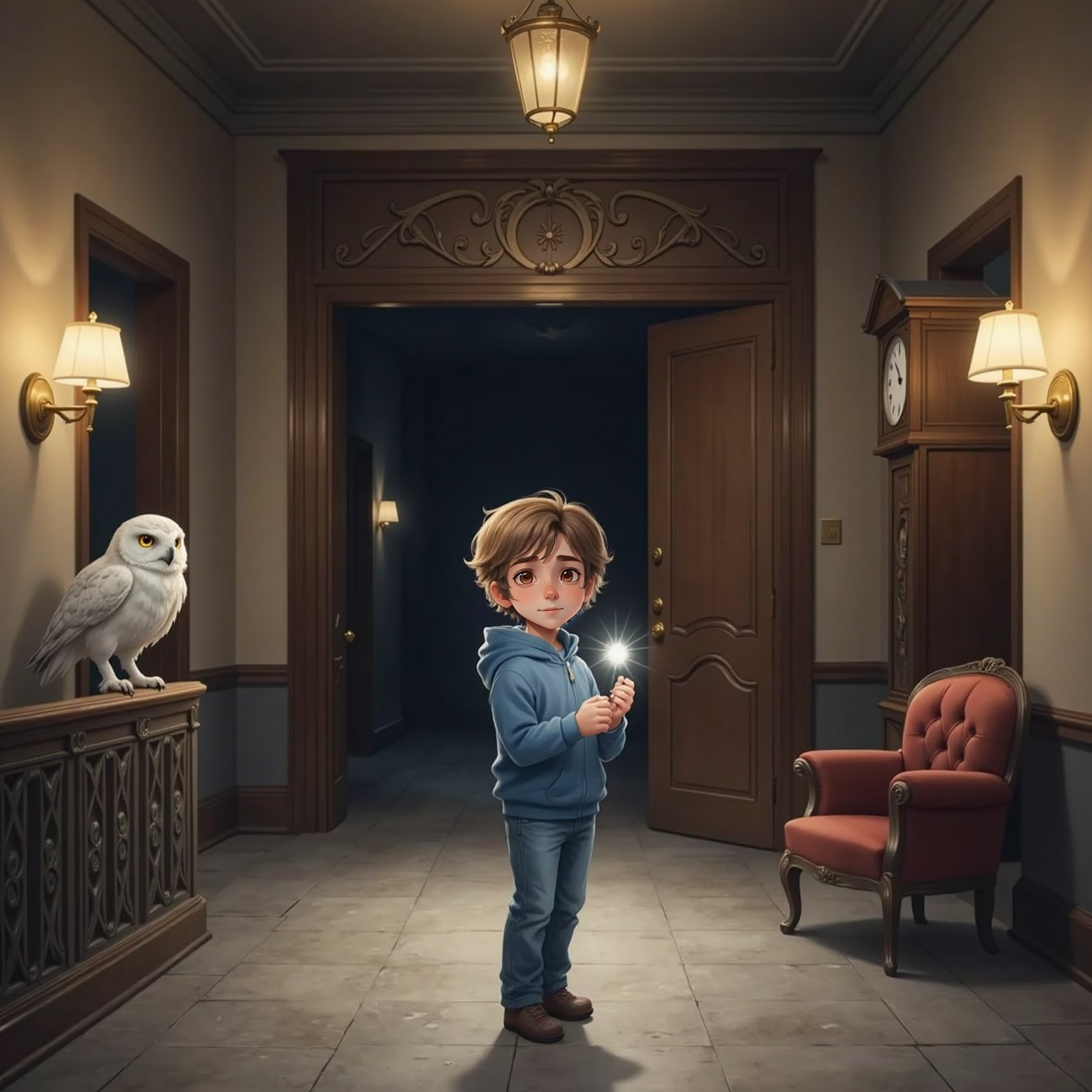 Inside the echoing lobby of a dark high-rise, Арсений grips the metal railing and his small star while a large white polar owl with amber eyes perches on the creaking door. Sparse bulbs provide weak yellow twilight.