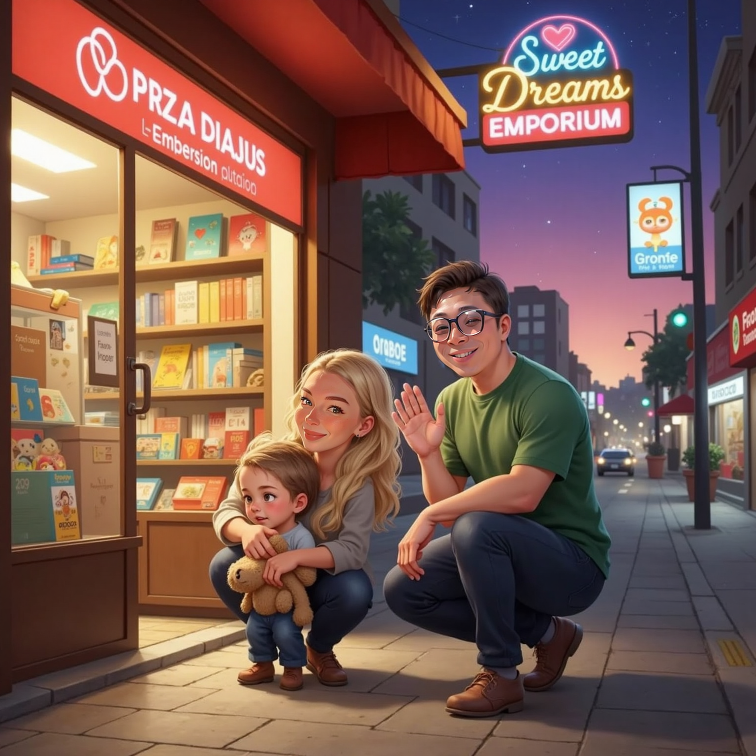 Outside a brightly lit street-side shop at dusk, Lauren kneels with a gentle smile, placing a reassuring hand on the shoulder of a small worried boy. Jack stands beside them waving toward the distance, neon signs glowing behind.