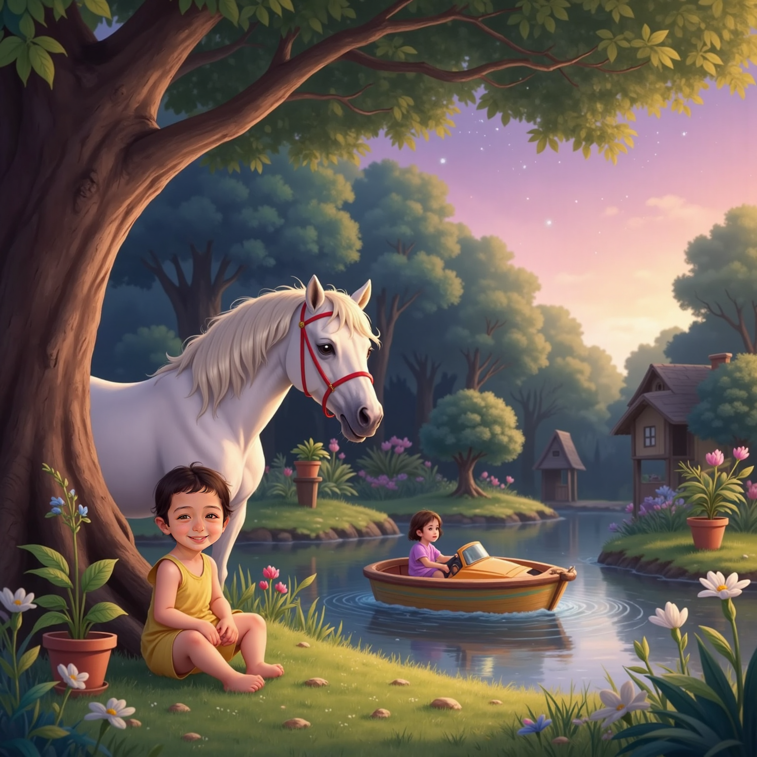 In the purple evening glow, Arlind sits cross-legged beside the tall oak at garden center while Kali i bardh stands watchful behind her and Skaf floats nearby, emitting soft musical ripples that lull the shimmering leaves.