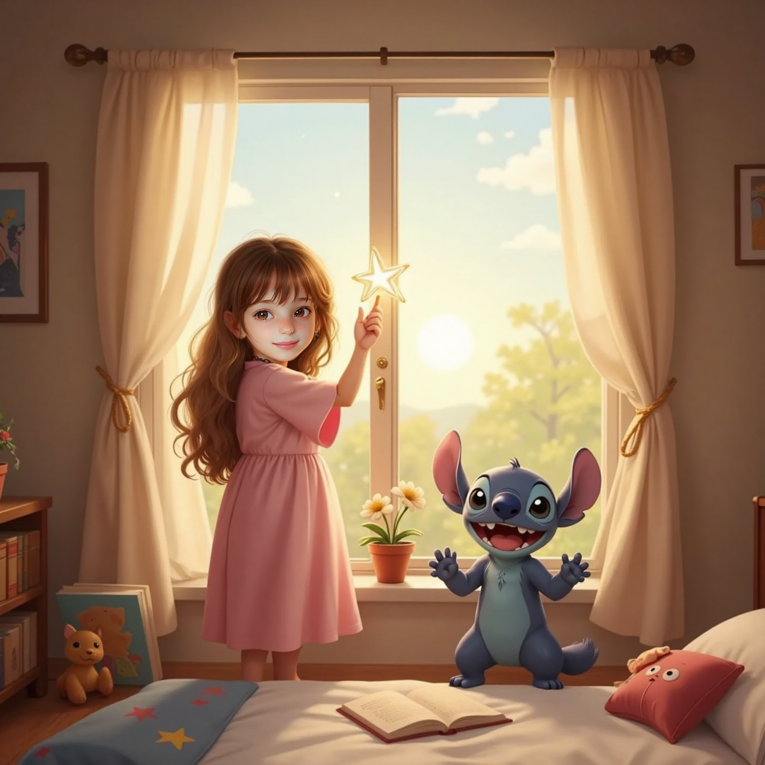 Sun-lit bedroom window: Anjeza proudly lifts a shimmering star fragment on the sill while Stitch waves through the open window, both sharing gentle smiles in the soft morning glow.