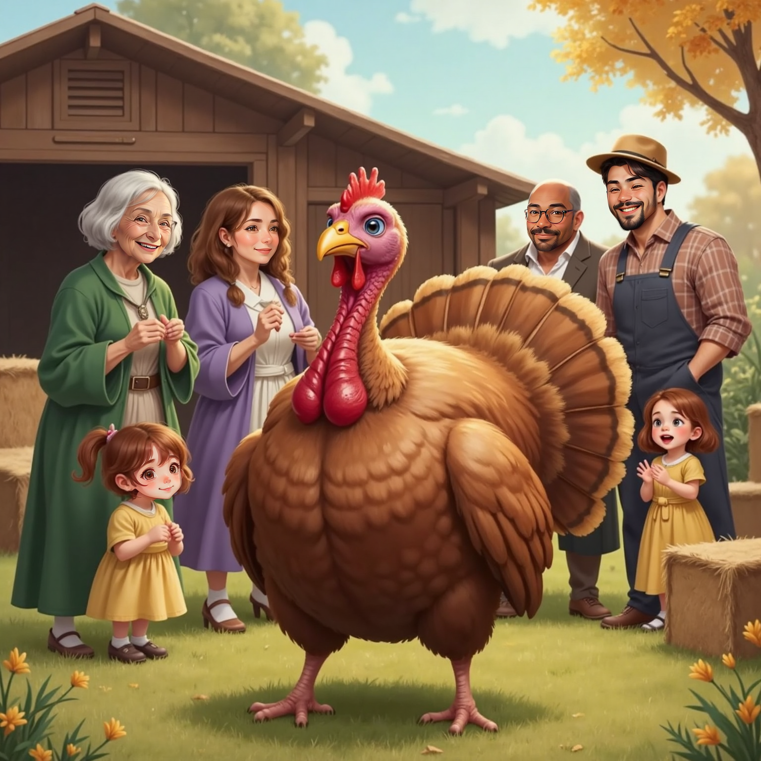 Tommy’s eyes widen in disbelief as his feathers puff up in shock. In the background, Farmer Fred and the Parker family laugh, unaware of the terrified turkey plotting his escape.