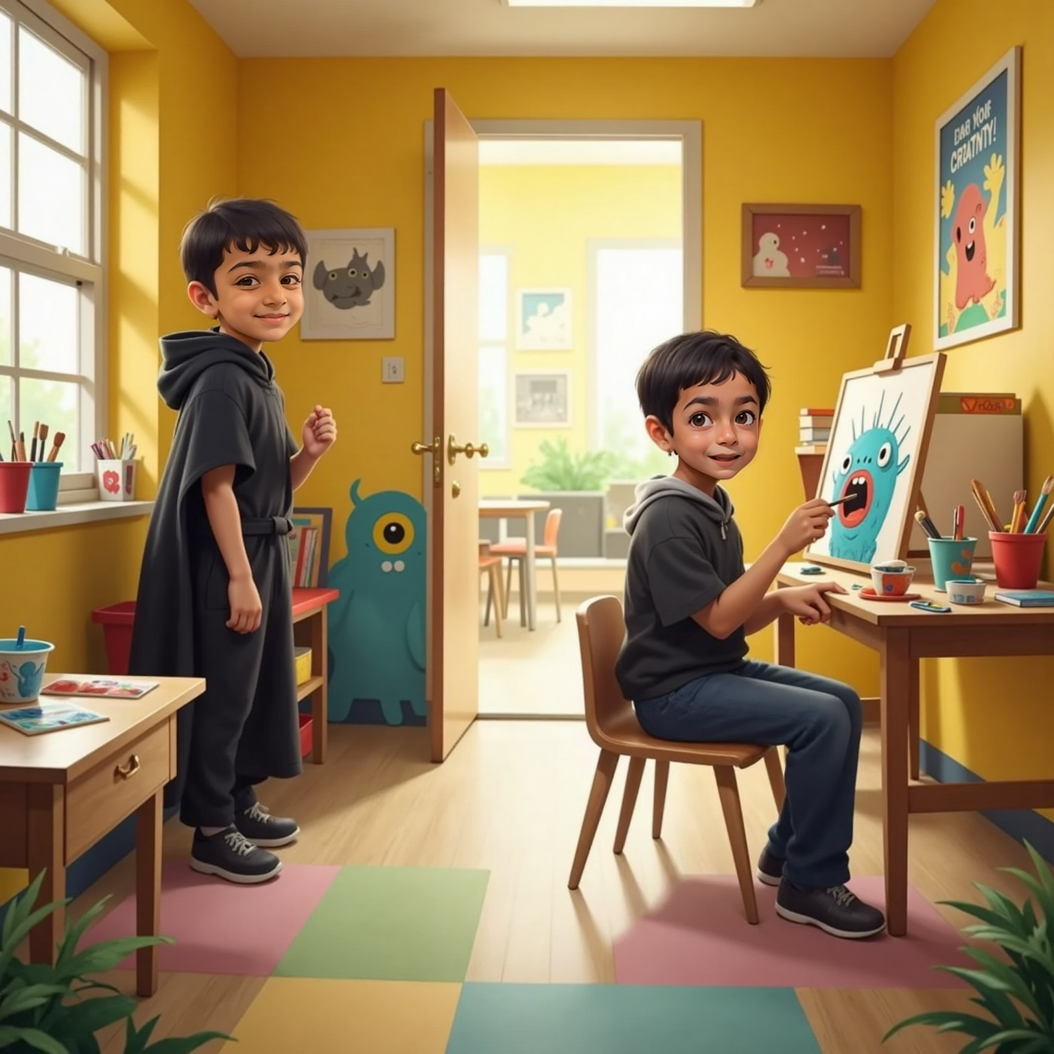 Sunlit Art Room tables are strewn with paint pots and half-finished monster masks. Krishaay concentrates at an easel while Vihaan, standing by the door, gestures toward the hallway, crimson cape sweeping the floor.