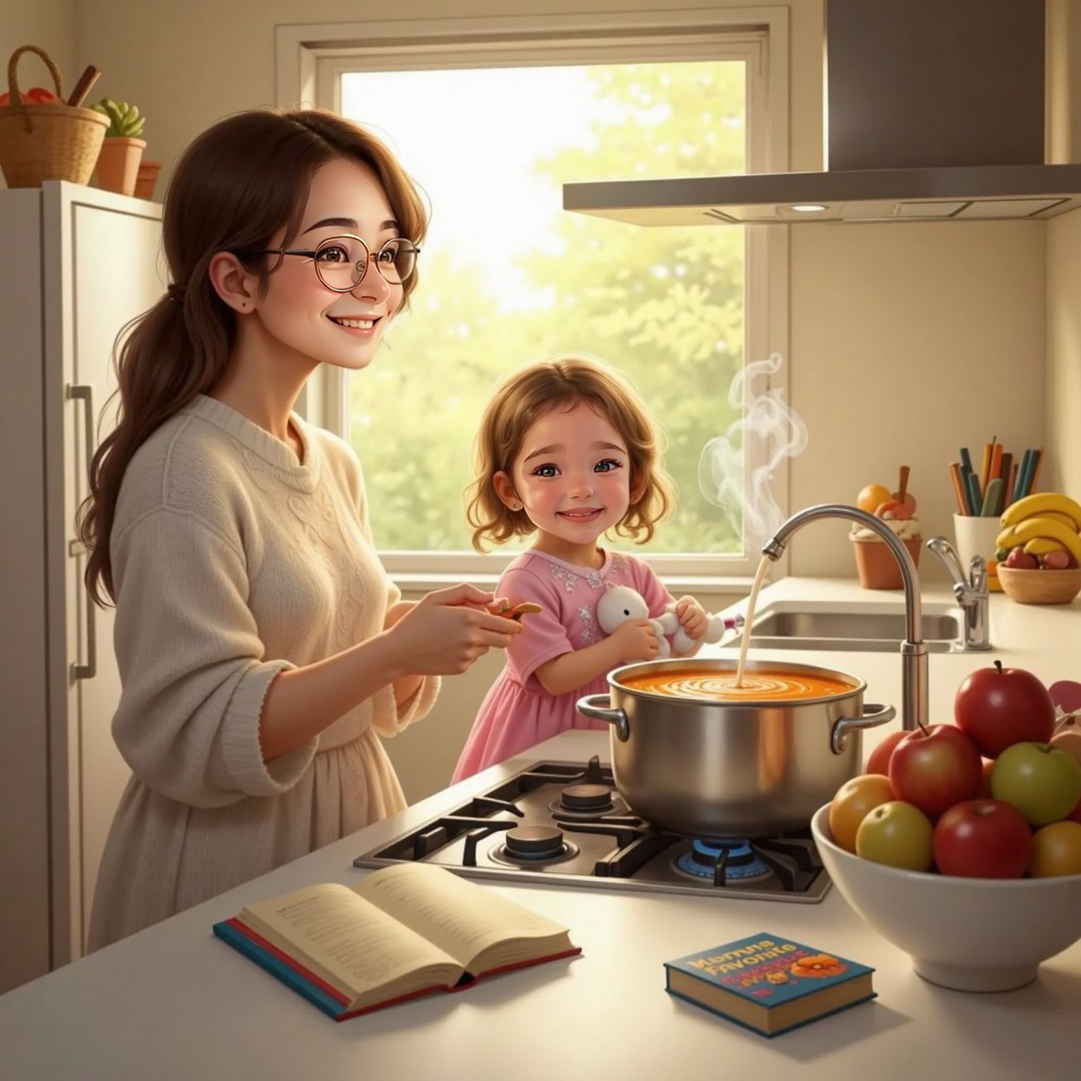 In the sunlit kitchen, Mama stirs a steaming soup pot on the stove, vapor curling upward, while Mary-Salter peers from the doorway clutching her bunny, voice small yet feet determined.