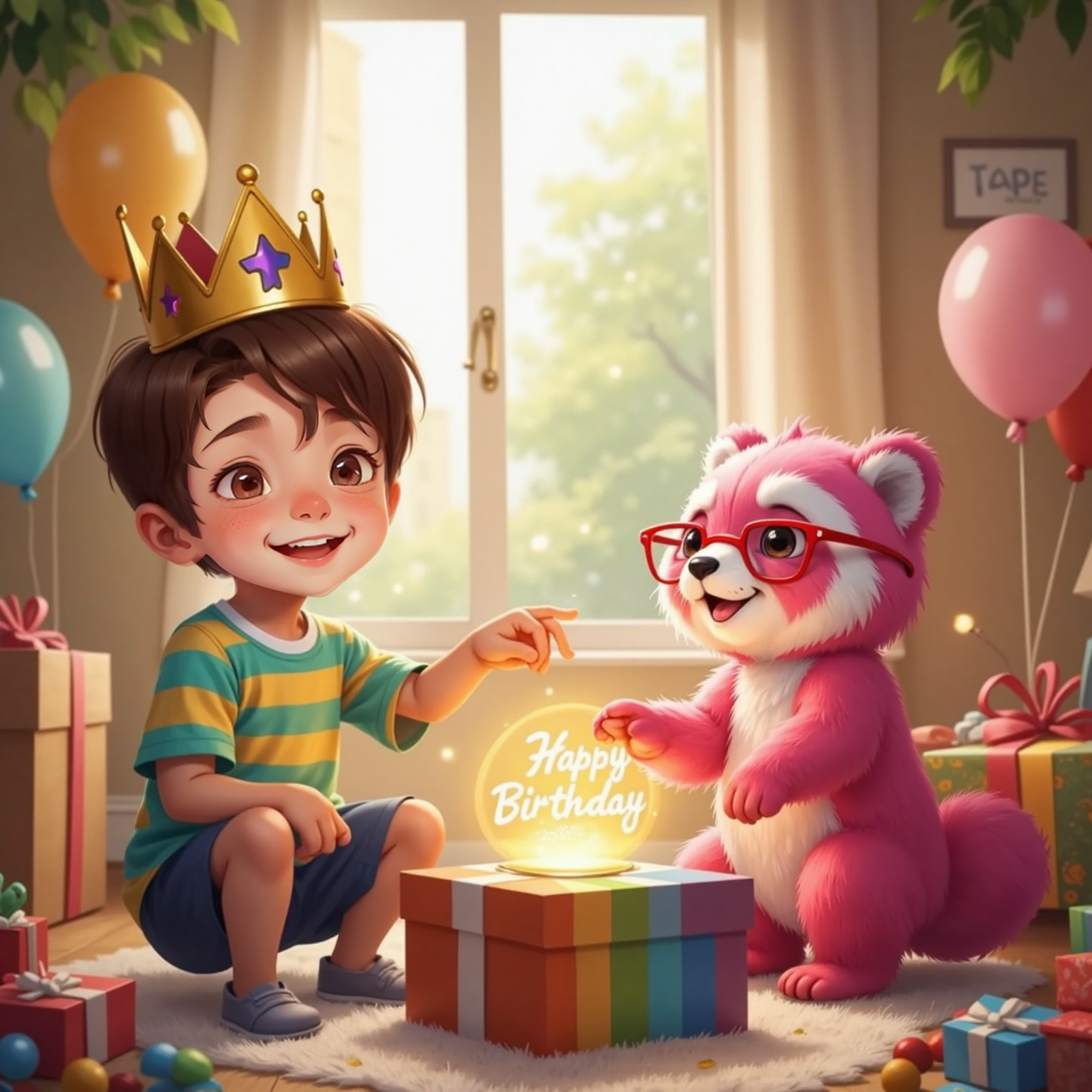 In the brightly lit bedroom, Benji wearing a shiny paper crown points at a hovering birthday card filled with floating balloon icons while a pink panda wearing glasses taps the rainbow box’s glowing panel beside him, both laughing.