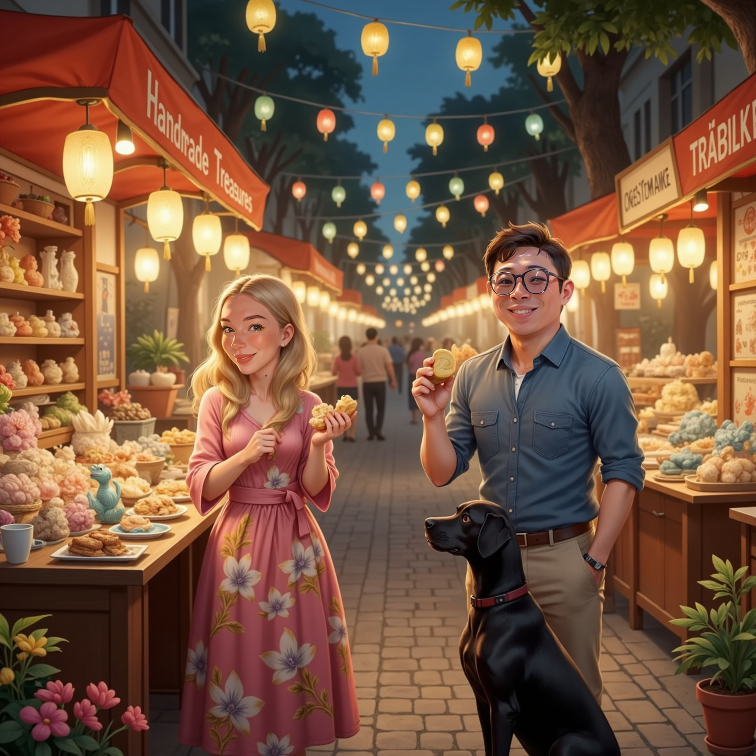 At a bustling night market beneath rows of glowing lanterns, Lauren holds a bitten magic mooncake with delighted eyes. Jack browses tiny dragon figurines at a nearby stall while Otto sits at his feet, nose lifted to the sweet aromas.