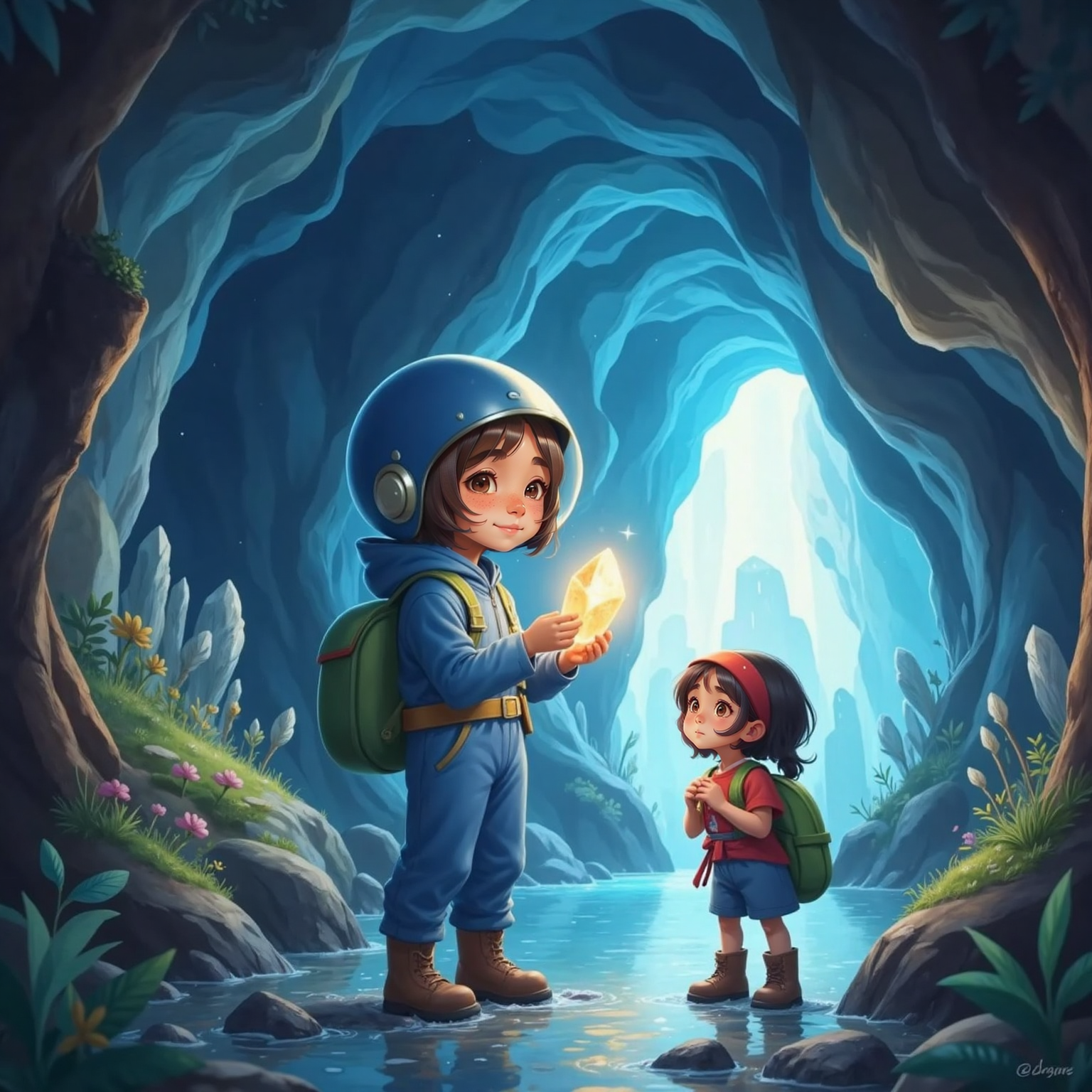 Inside a vast crystal cavern lit like starlight, Jenni gazes upward in awe while Ari gently cups a warm glowing shard. Sparkling river of light winds beside them, illuminating their reflections on smooth walls.