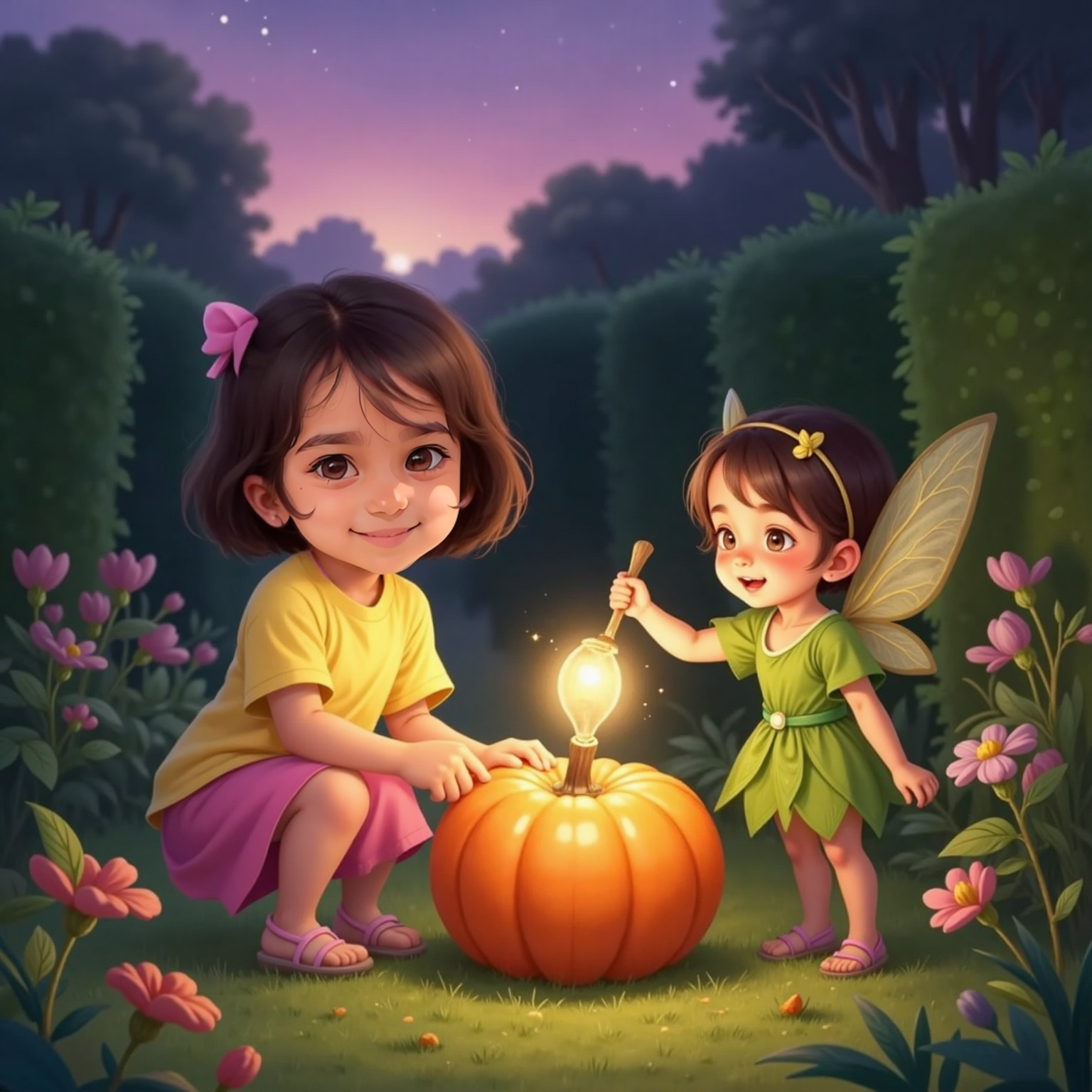 Twilight settles over the garden, turning the hedges deep violet. A tiny forest sprite with luminescent wings and a green leaf dress raises her glowing wand above the pumpkin as Sara watches, laughing at the spreading golden shimmer.