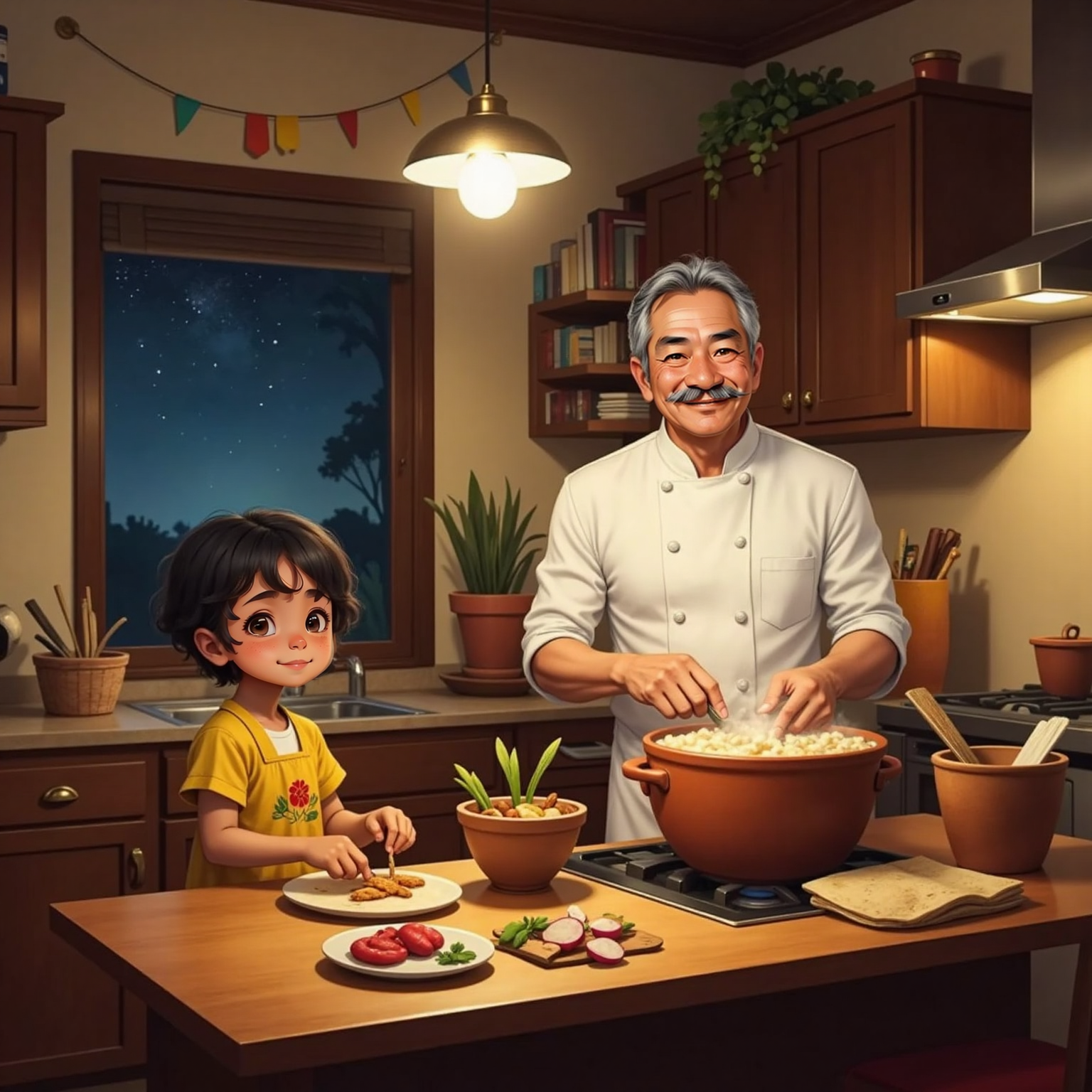 Night settles over the cozy kitchen, steam curling from a large pot where hominy pearls gently bubble under Chef Ricardo's attentive stir. Mila sprinkles oregano and drops bright radish slices on the counter, counting bubbles with curious eyes.