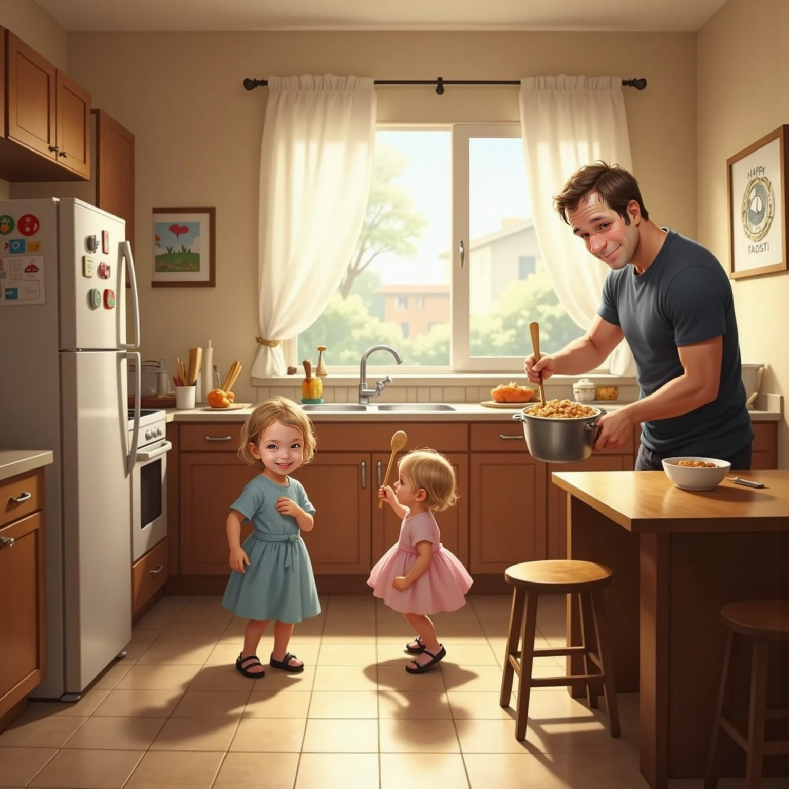 Morning kitchen with bright window light: Daddy taps upside-down pots using wooden spoons, Thea matches the rhythm mid-step on the tiled floor, and Kinsley bobs nearby like a tiny drummer.