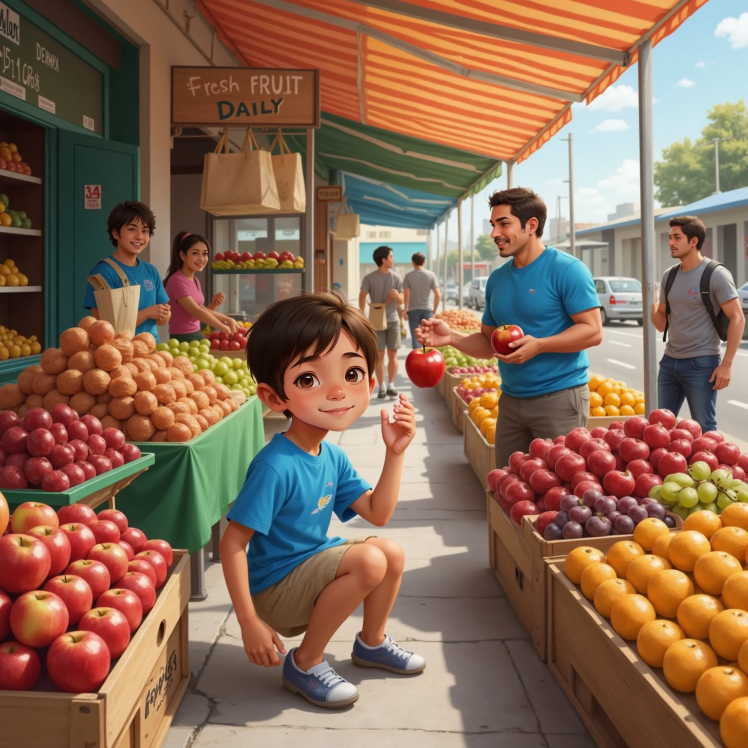Inside a bustling outdoor market at mid-morning, Michael kneels beside a stall, tossing a rolling apple back to the smiling vendor as piles of red and green fruit glitter under striped awnings and surrounding shoppers pause to watch.