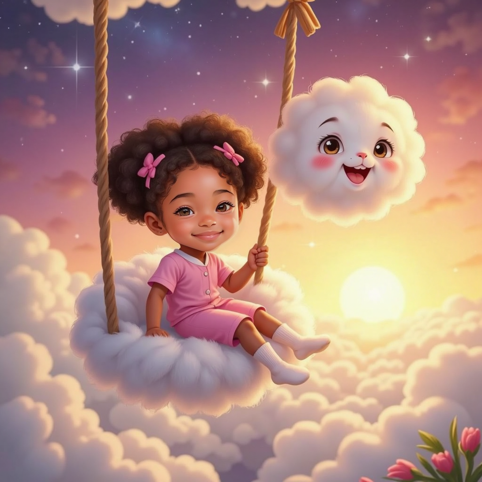 Above a pastel sunset sky, Zoey sits on a fluffy cloud swing, legs dangling, while a round puffball cloud with big eyes—its mouth mid-giggle—floats beside her; both exhale playful puffs that swirl in warm golden light.