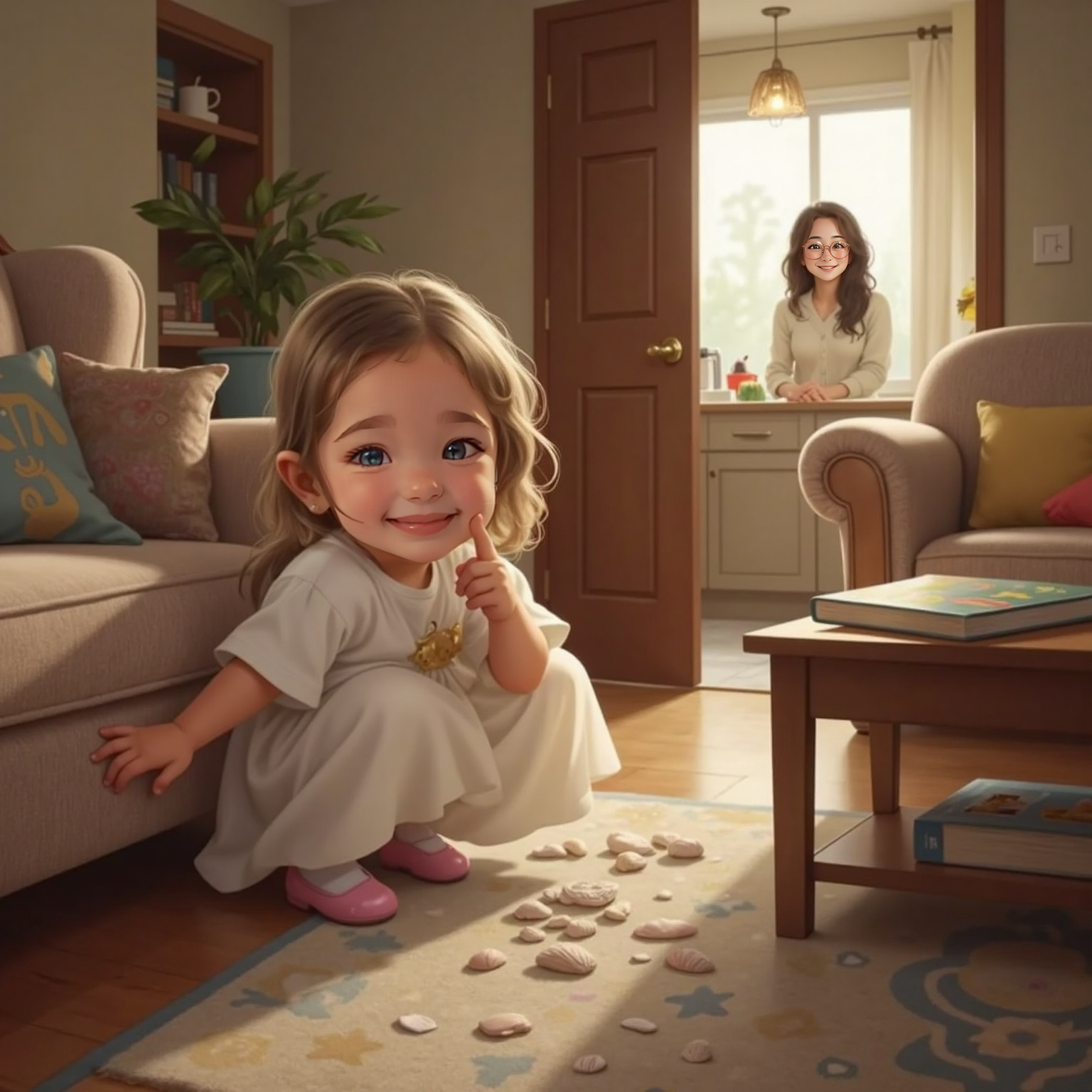 Near a sofa in the living room, Mary-Salter crouches, whispering 'shh' as she hides seashell fragments behind a cushion, distant kitchen light spilling through the doorway where Mama's silhouette moves.