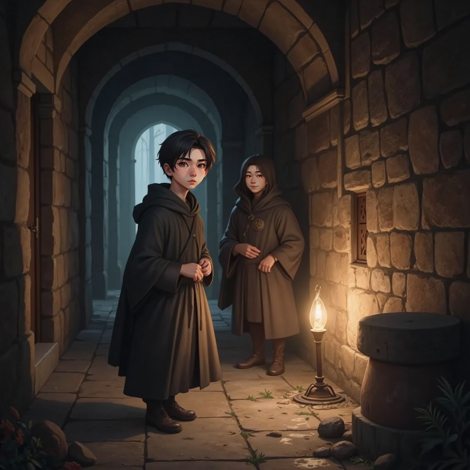 In a shadowy corridor lit by one dying torch, Kael Yun stands rigid while a shrouded figure with hooded cloak glides past, nodding silently. Lei Xuan watches from behind a pillar, cautious relief on his face.