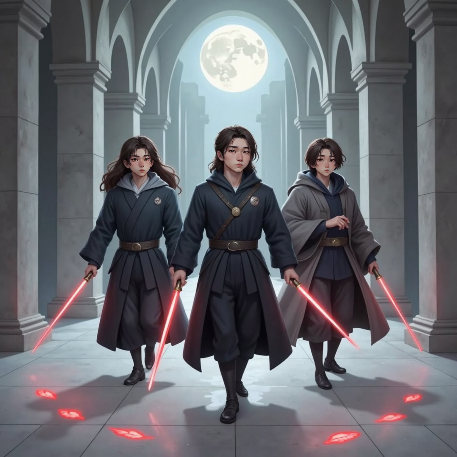 Under moonlight in a wide marble corridor, glowing red footprints trace a path as Lei Xuan leads Kael Yun and Shen Mu through silver beams. Swords raised, they begin a synchronized spin taught by the magical scroll.
