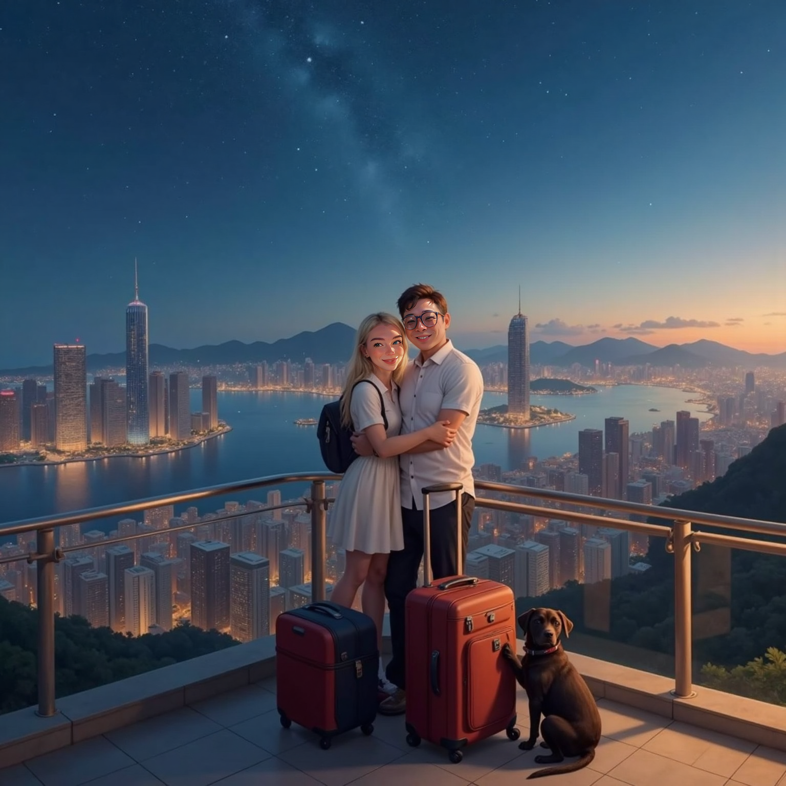 At an evening overlook facing the twinkling Hong Kong skyline, Jack embraces Lauren in a warm farewell hug, both smiling softly. Otto sits beside their packed luggage, tail gently wagging as city lights shimmer in the fading sunset.