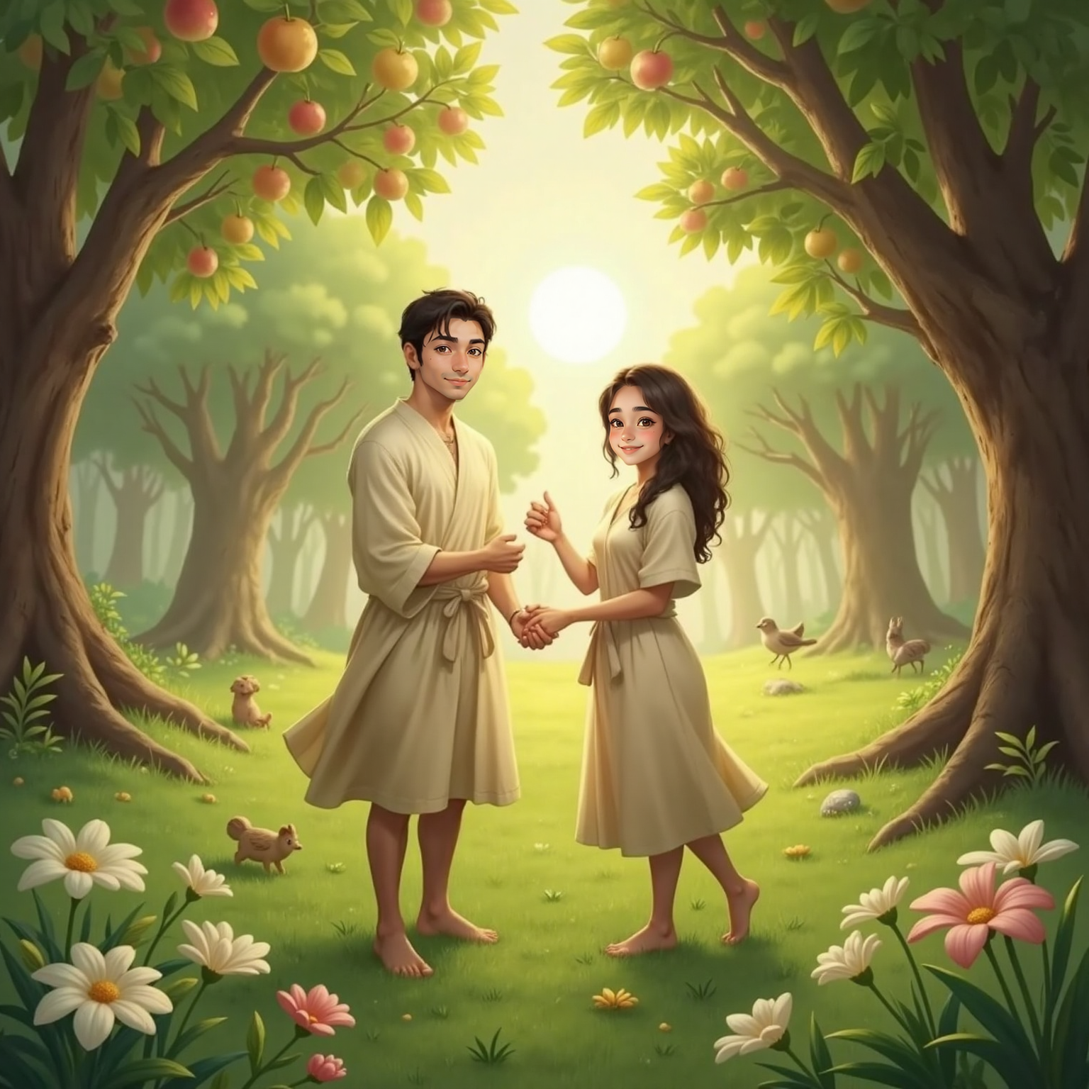 In Eden’s bright meadow, Adam awakes on soft grass as newly created Eve smiles and offers her hand amid blooming lilies. A glowing presence of God hovers nearby, morning sunlight pouring through fruit trees.