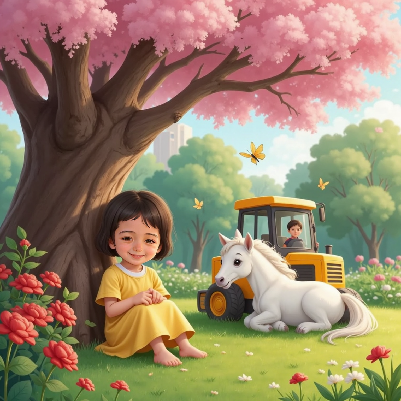 In the cool midday shade beneath the blossom tree, Arlind leans against the trunk whispering toward rose bushes while Kali i bardh lies calmly at her side and Skrepi taps a gentle rhythmic pattern with its bucket.