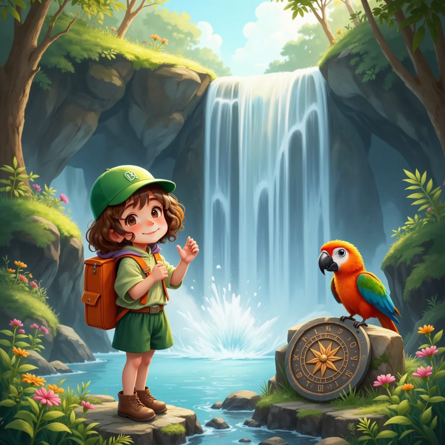 Beside the roaring main waterfall under bright sun, Maya presses her palm to a stone compass carved with symbols of kindness, patience, and listening. Kiko puffs proudly, squawking 'kindness!' as rainbow mist crowns them.
