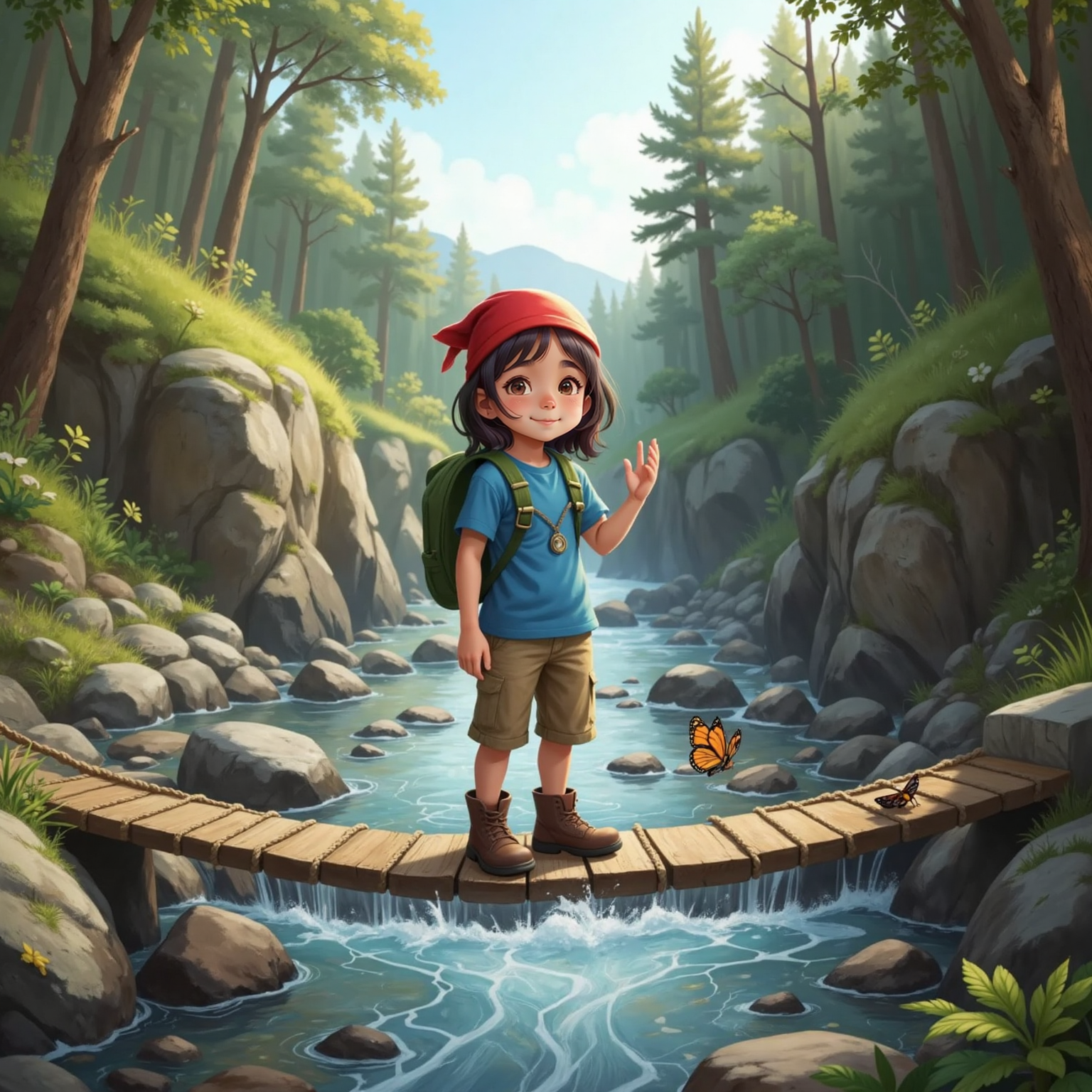 A girl stands on a rope bridge above a stream, waving at her reflection.