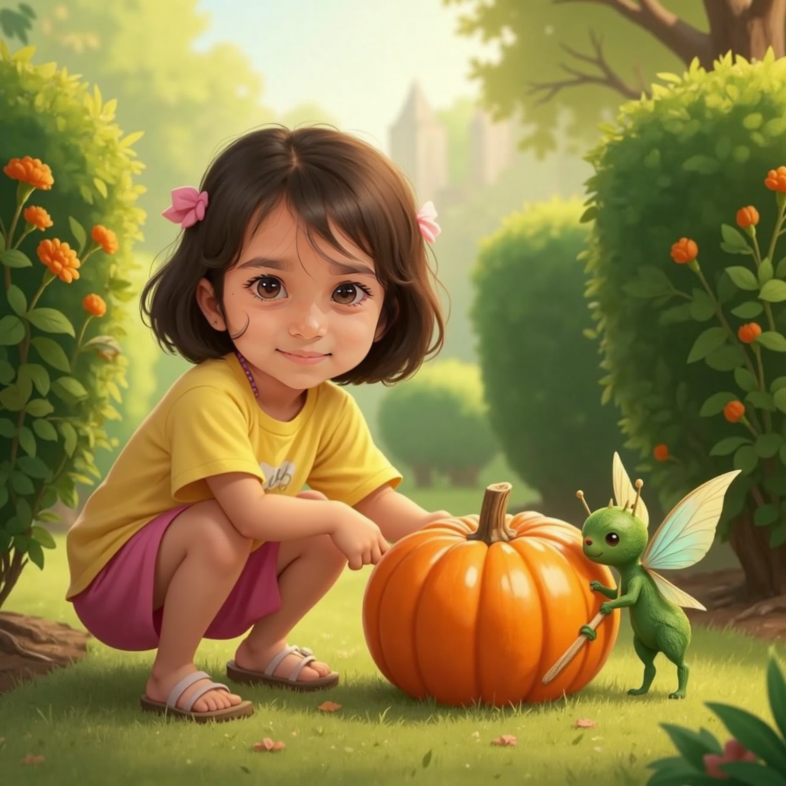 Afternoon sunlight filters through the school garden, highlighting bushes dotted with marigolds. Sara crouches beside a shiny wobbling pumpkin as a tiny forest sprite with luminescent wings and a green leaf dress peeks out holding a paintbrush.