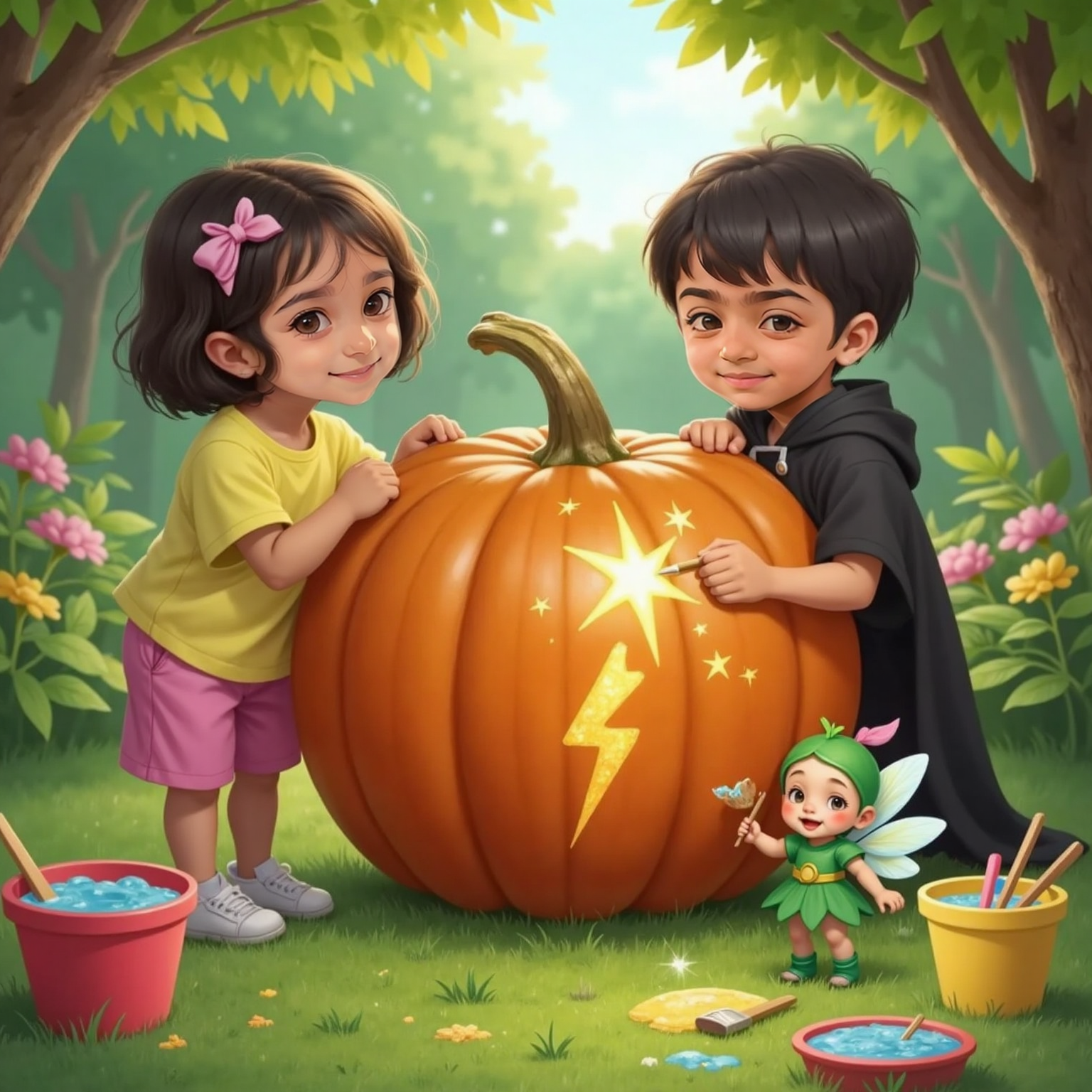 In the dappled garden shade, buckets of sudsy water sit near the pumpkin. Sara paints bright stars, Vihaan adds lightning bolts, and a tiny forest sprite with luminescent wings and a green leaf dress giggles while wiping stray glitter.