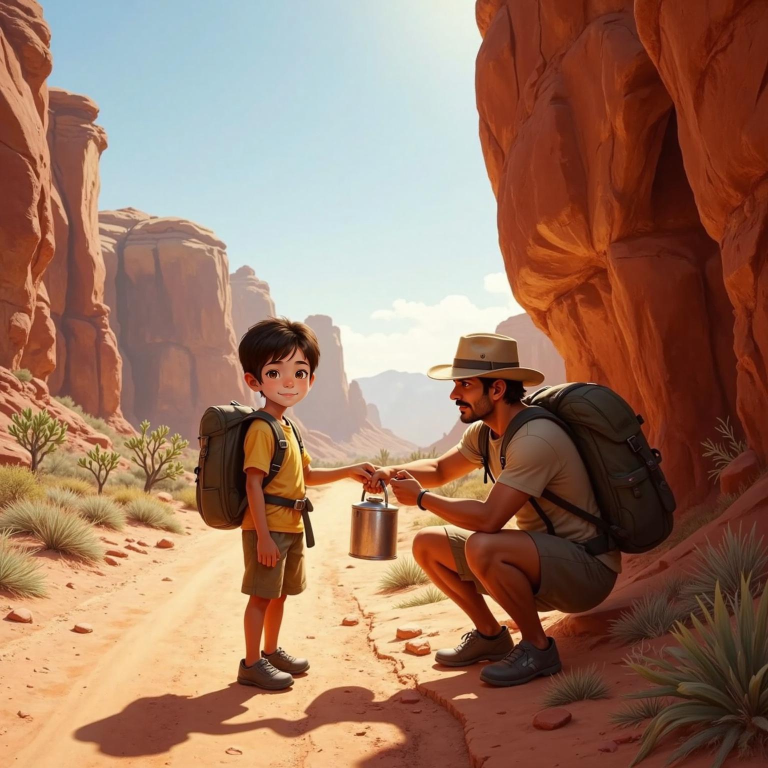 Under blazing noon sun on a sandy desert trail, Michael offers his metal canteen to a thirsty hiker crouched in sparse shade beneath a rock outcrop, wind whipping their clothes as both exchange grateful, exhausted smiles.